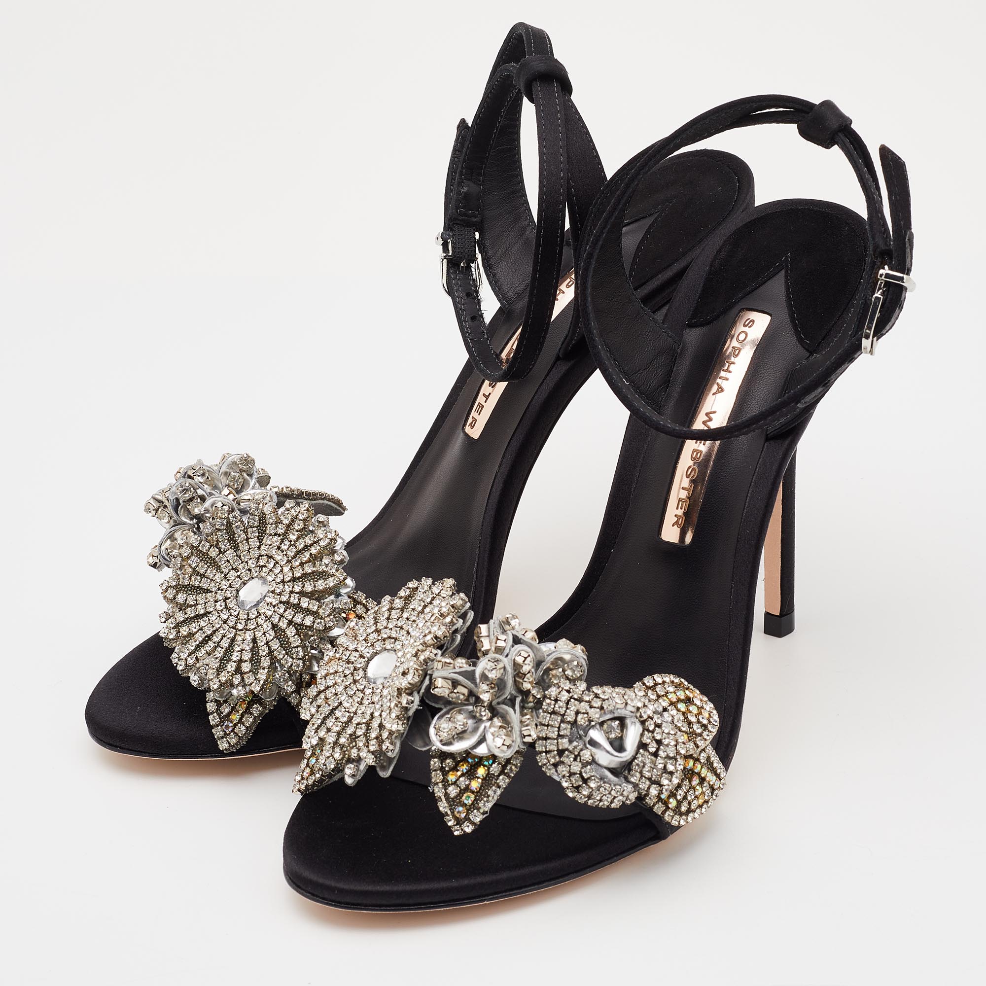 

Sophia Webster Black Satin Lilico Floral Embellished Ankle Wrap Sandals Size