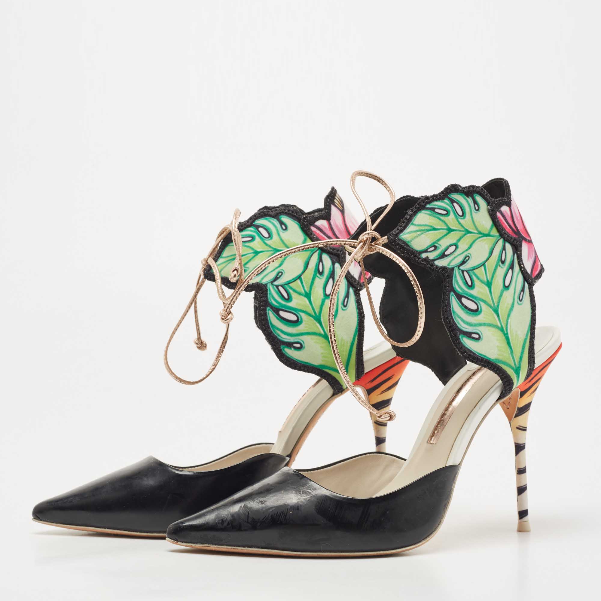 

Sophia Webster Tricolor Leather and Satin Rousseau Jungle Ankle Tie Pumps Size, Black