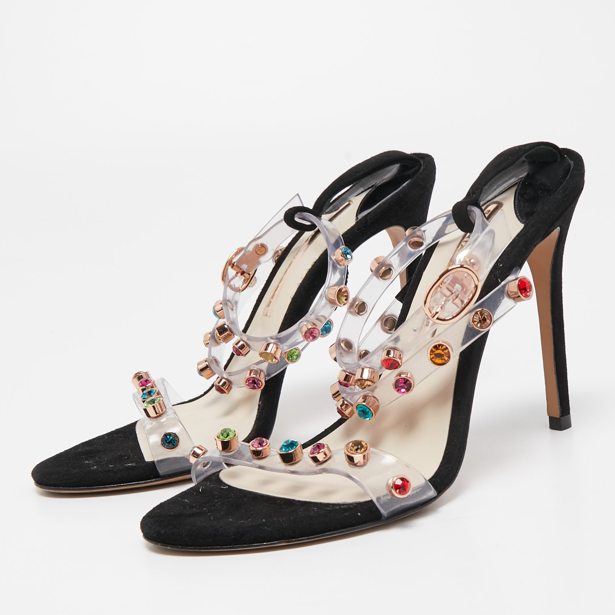 

Sophia Webster White/Black PVC And Leather Rosalind Crystal Embellished Ankle Strap Sandals Size