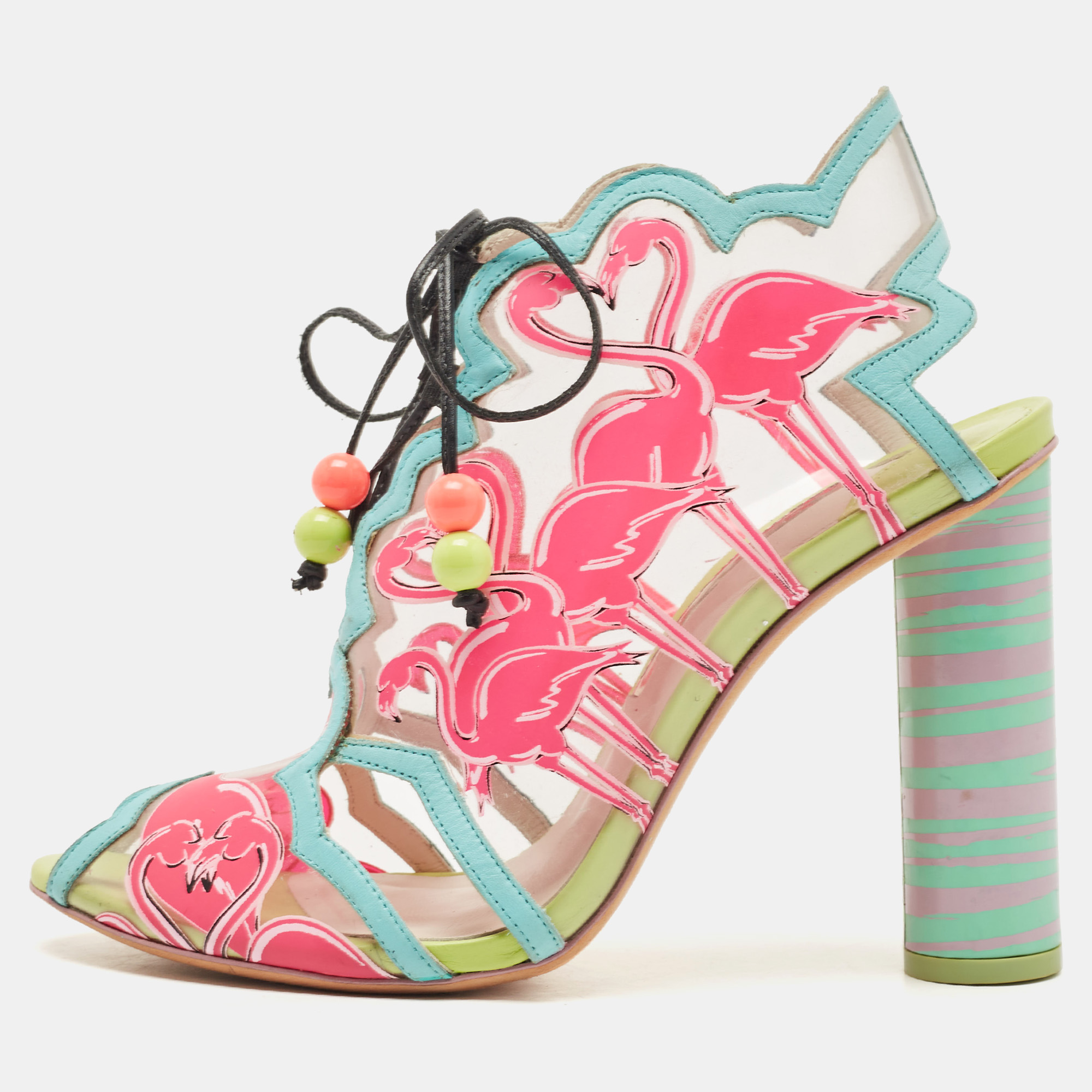 

Sophia Webster Multicolor PVC And Leather Trim Flamingo Ankle Wrap Sandals Size