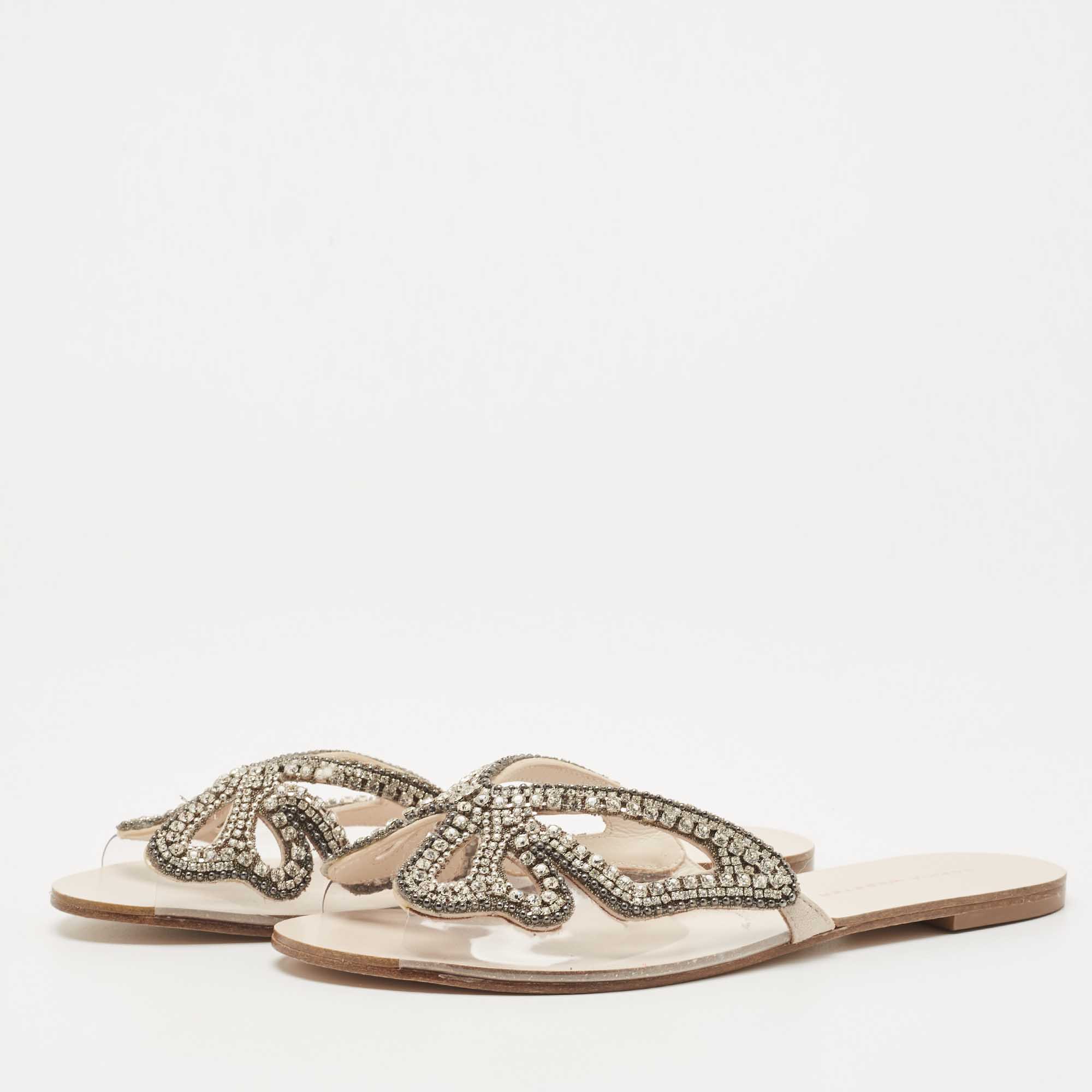 

Sophia Webster Cream PVC Butterfly Crystal Embellished Madame Flat Slides Size