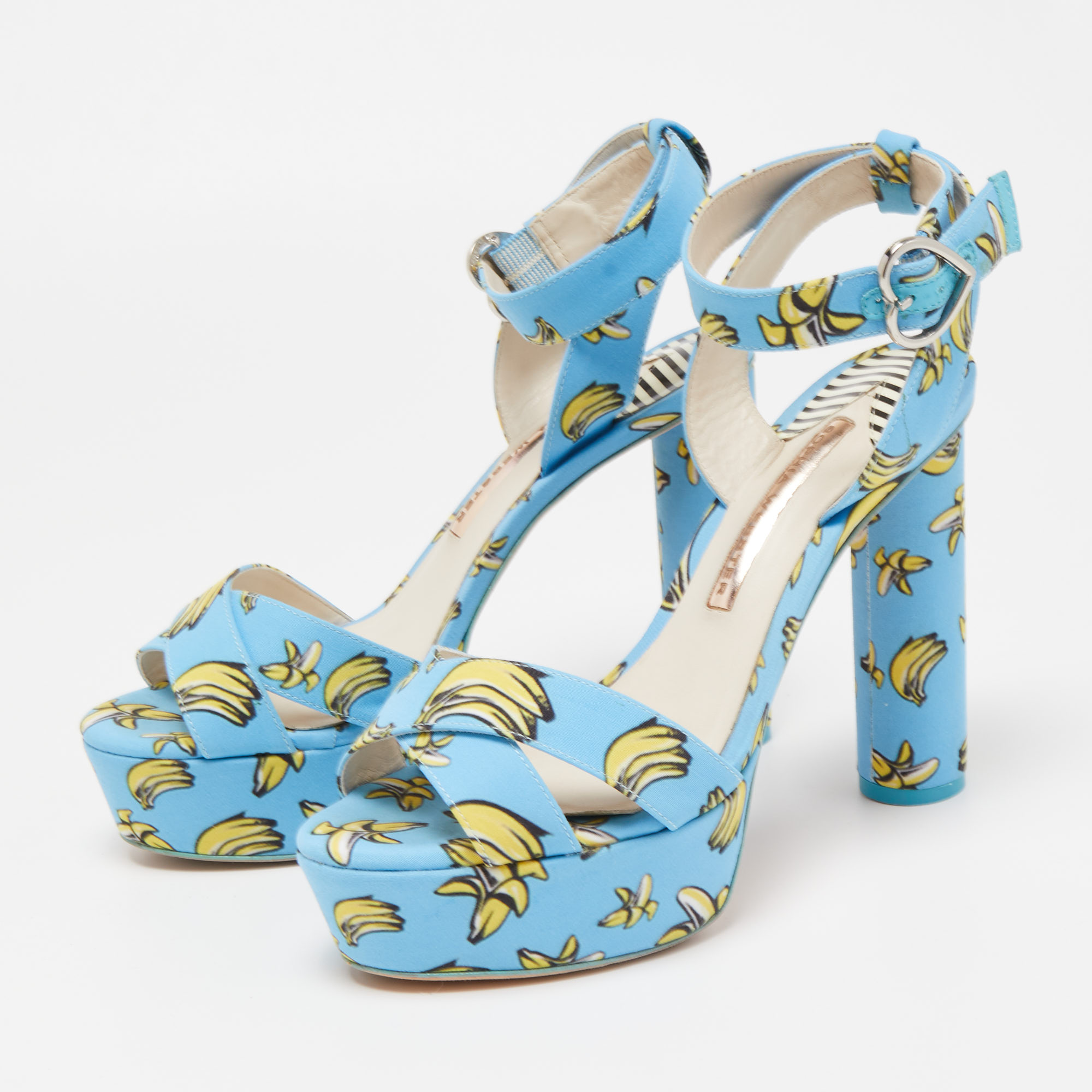 

Sophia Webster Blue Banana Printed Fabric Amanda Ankle Strap Platform Sandals Size