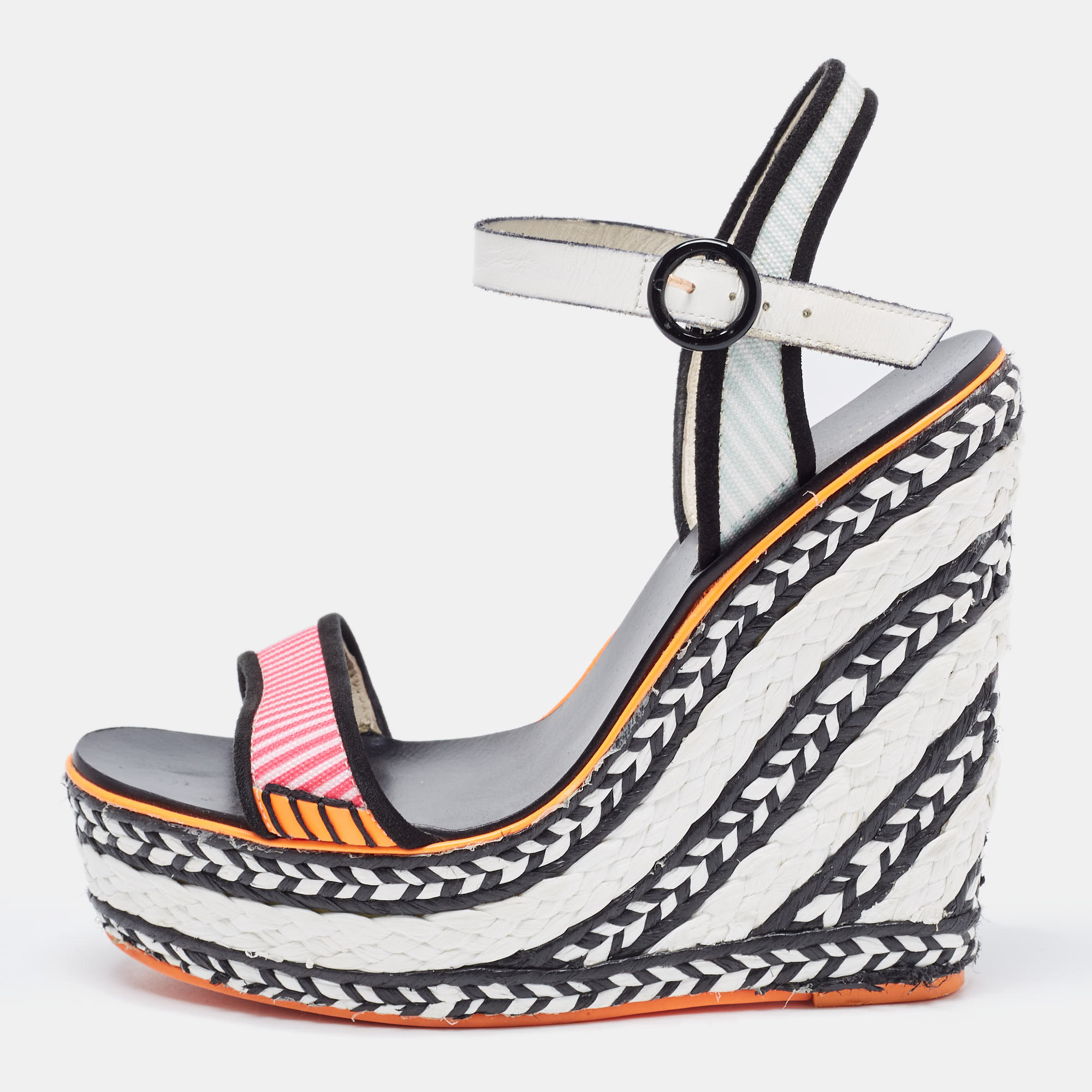 

Sophia Webster Tricolor Leather and Canvas Lucita Wedge Sandals Size, White