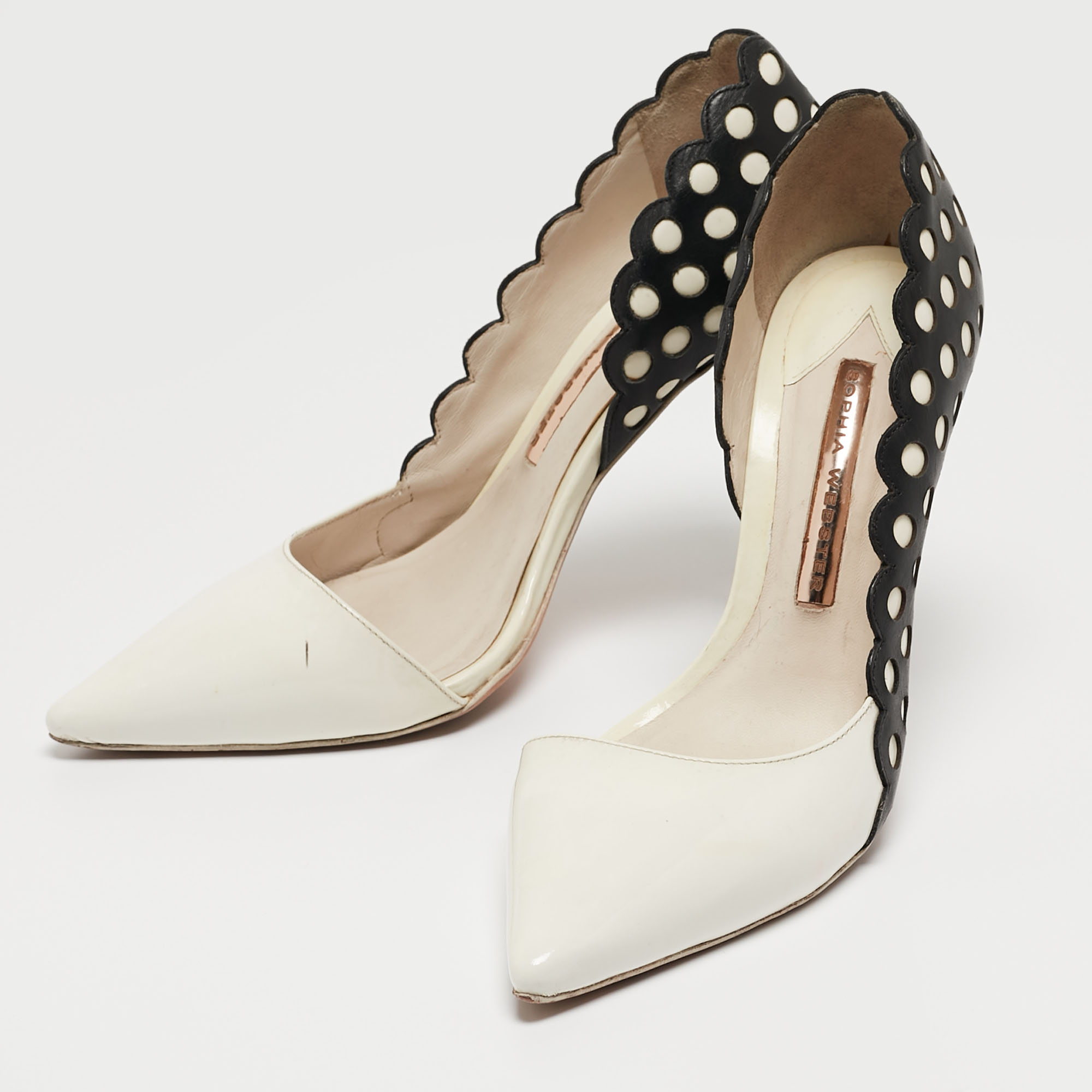 

Sophia Webster White/Black Patent and Laser Cut Leather Mika D'orsay Pumps Size