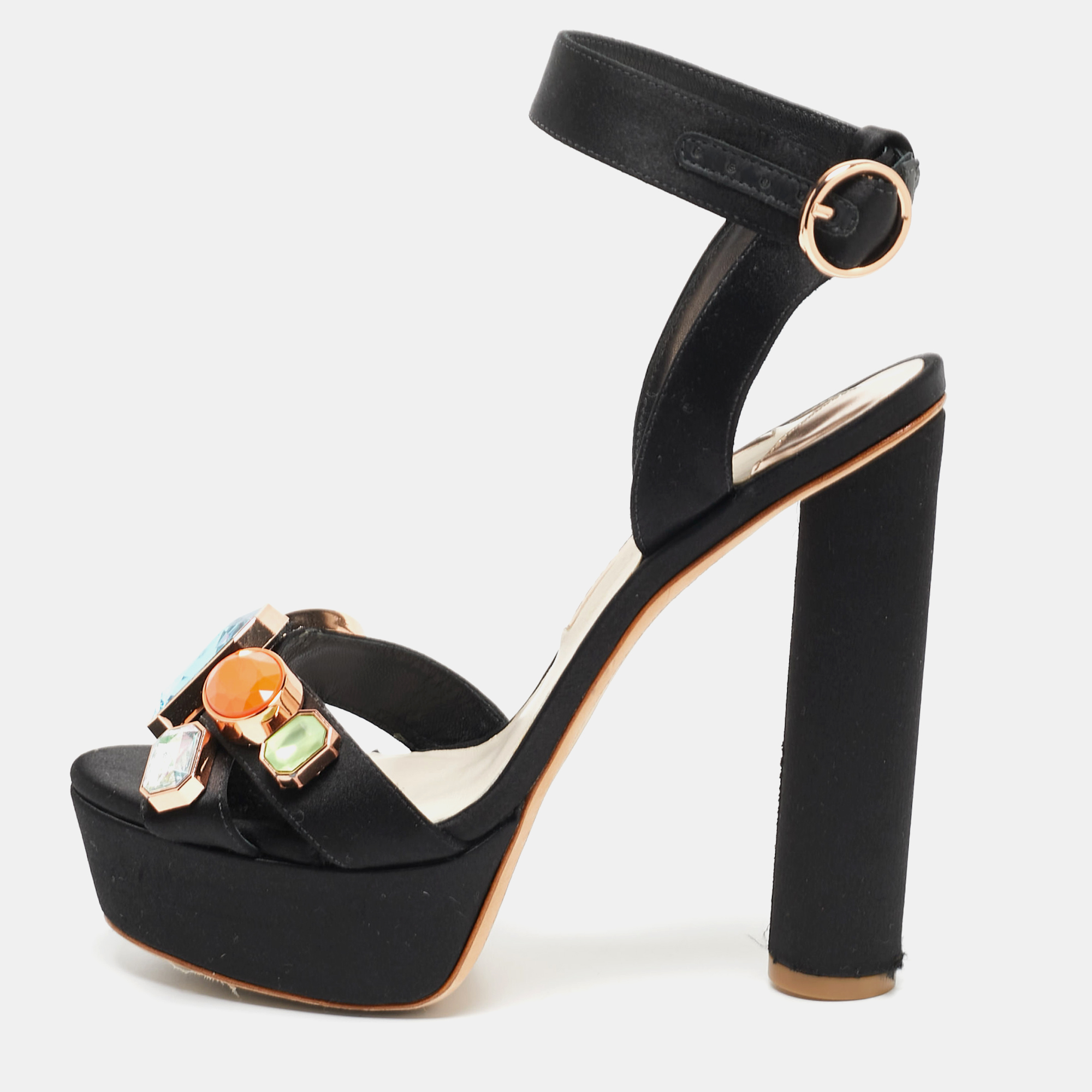 Pre-owned Sophia Webster Black Satin Amanda Gem Platform Sandals Size 38.5