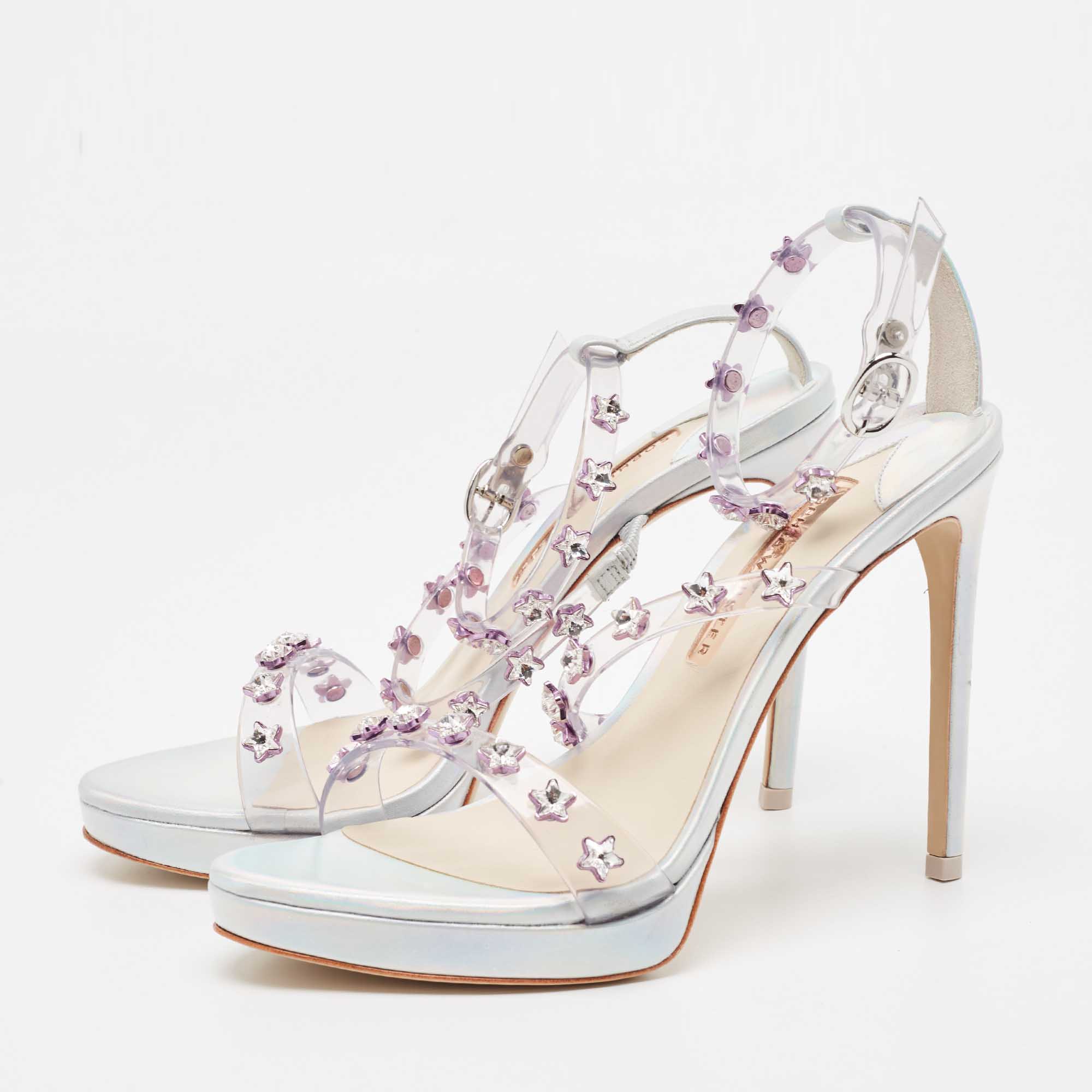 

Sophia Webster Silver Holographic Leather and PVC Dina Gem Platform Sandals Size