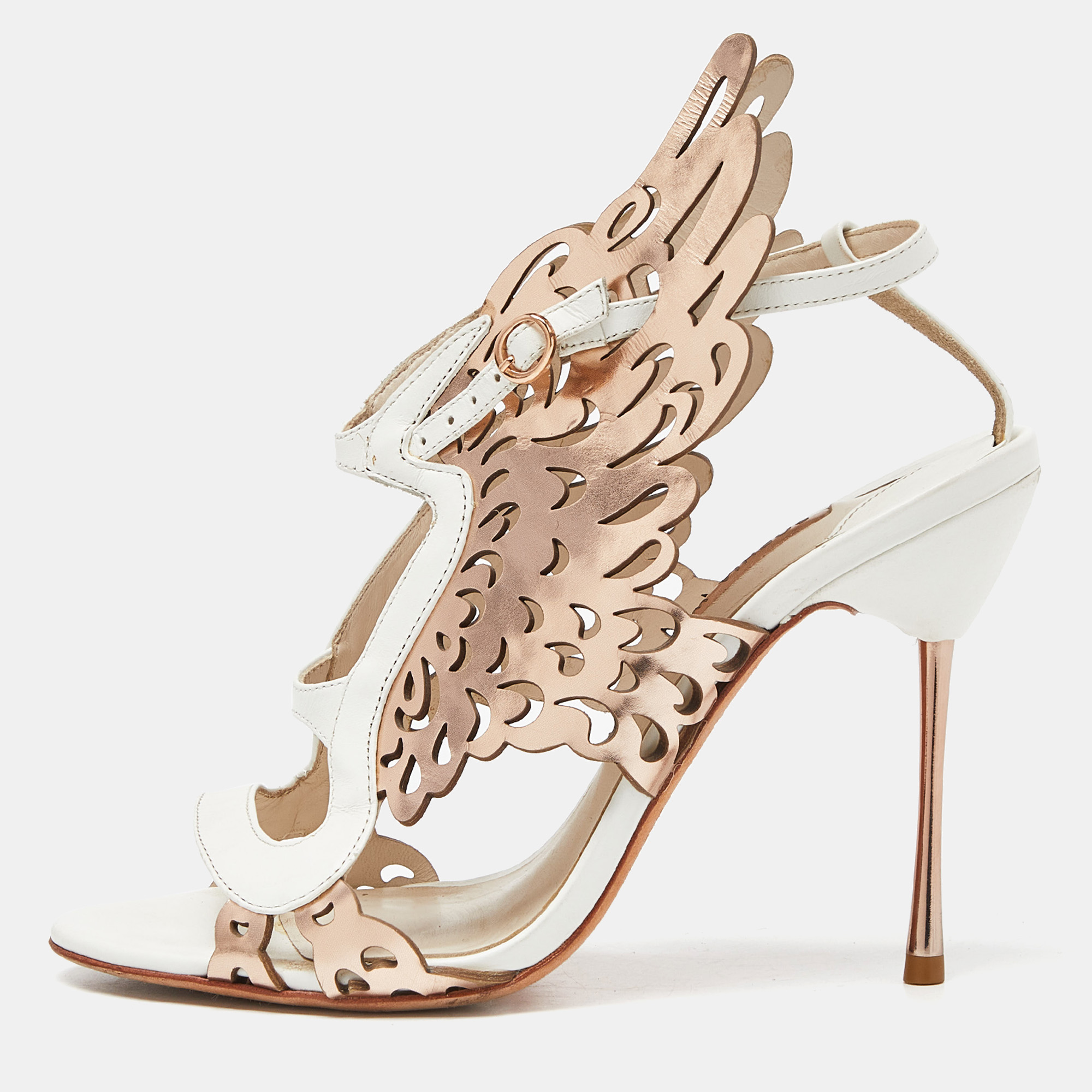 

Sophia Webster Gold/White Leather Evangeline Laser Cut Angel Wing Ankle Strap Sandals Size