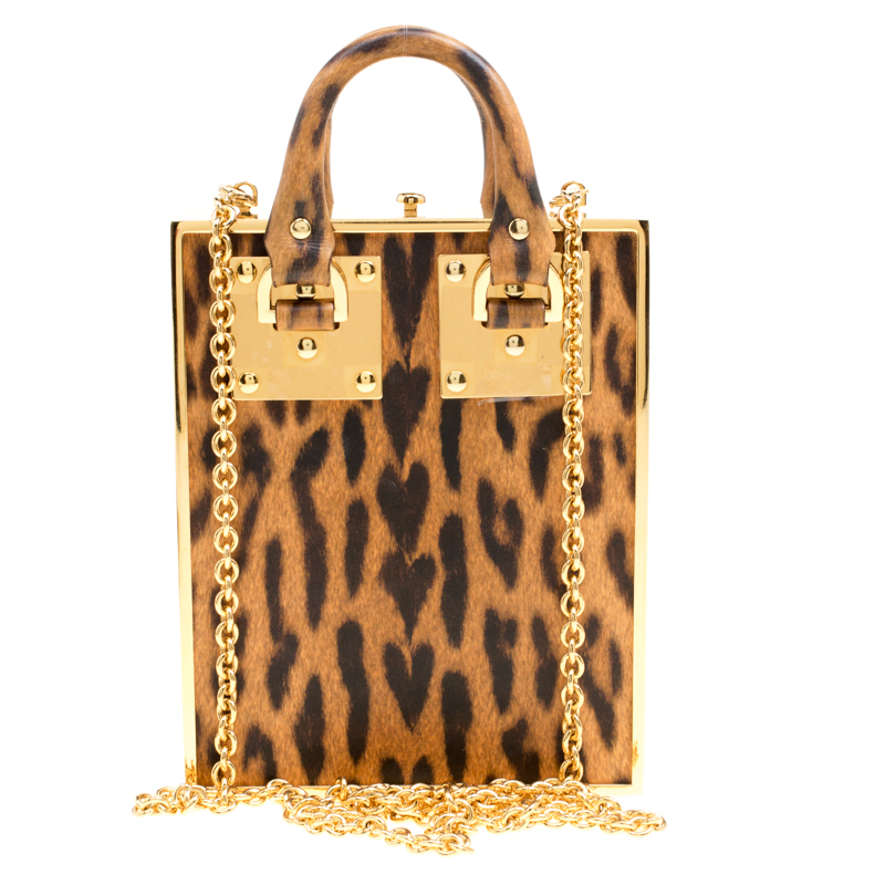 Sophie Hulme Brown Leopard Print Leather Compton Box Top Handle Shoulder Bag