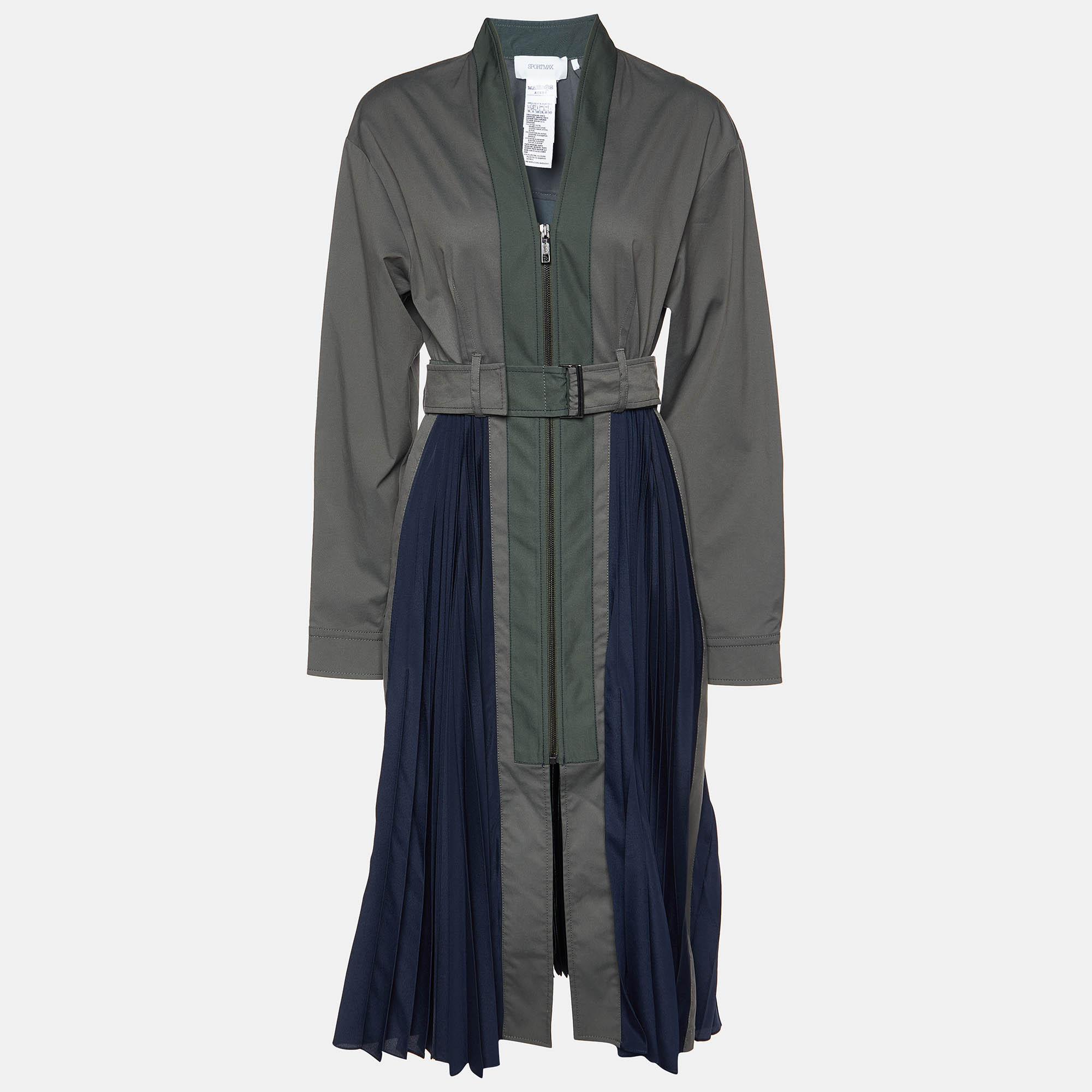 

Sportmax Green/Navy Blue Cotton Plisse Belted Midi Dress S