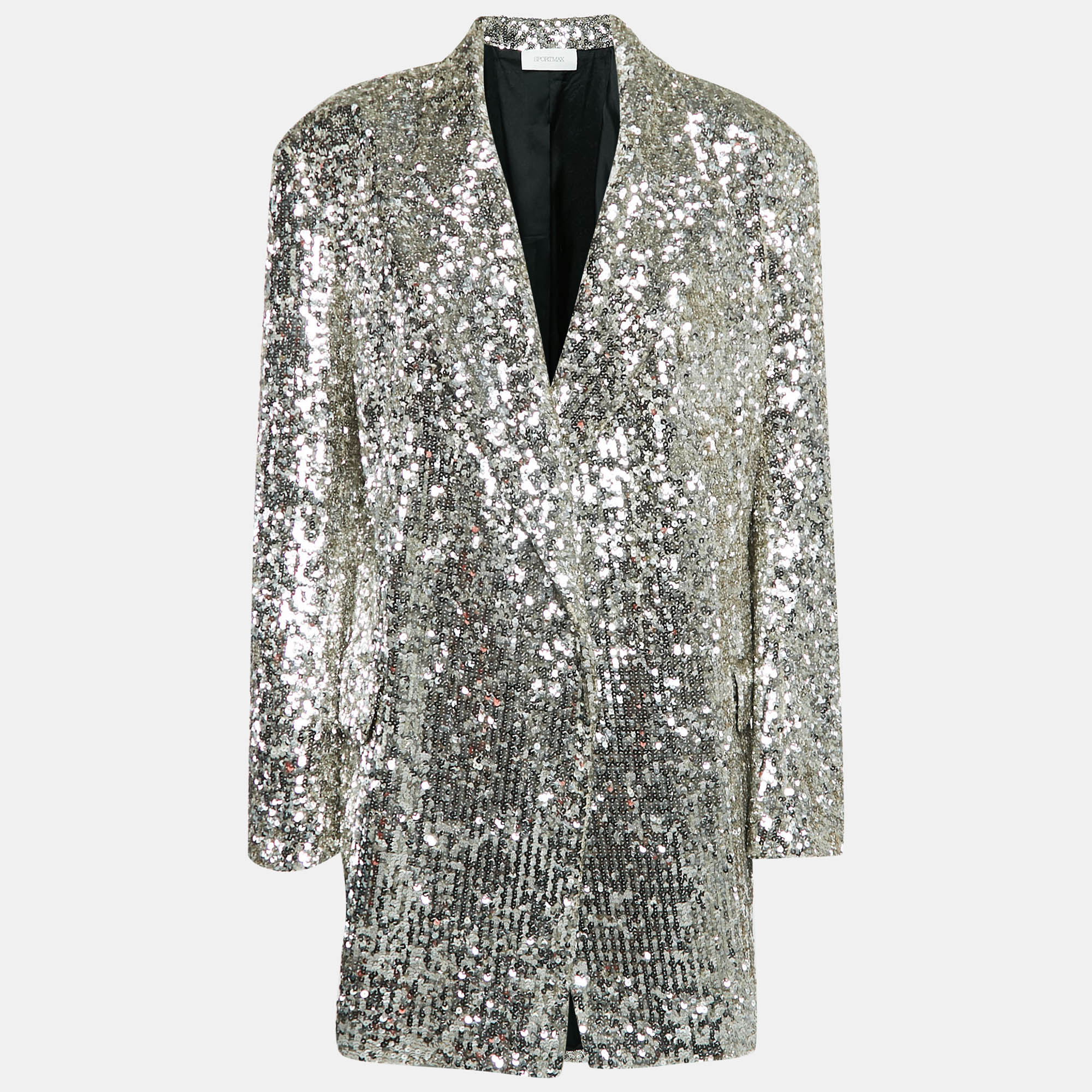 

Sportmax Silver Sequin Crepe Open Front Jacket L