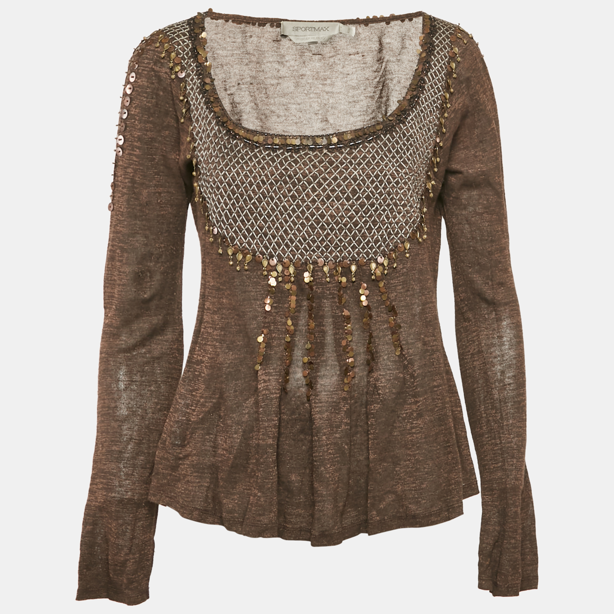 

Sportmax Brown Embellished Lurex Knit Long Sleeve Top L