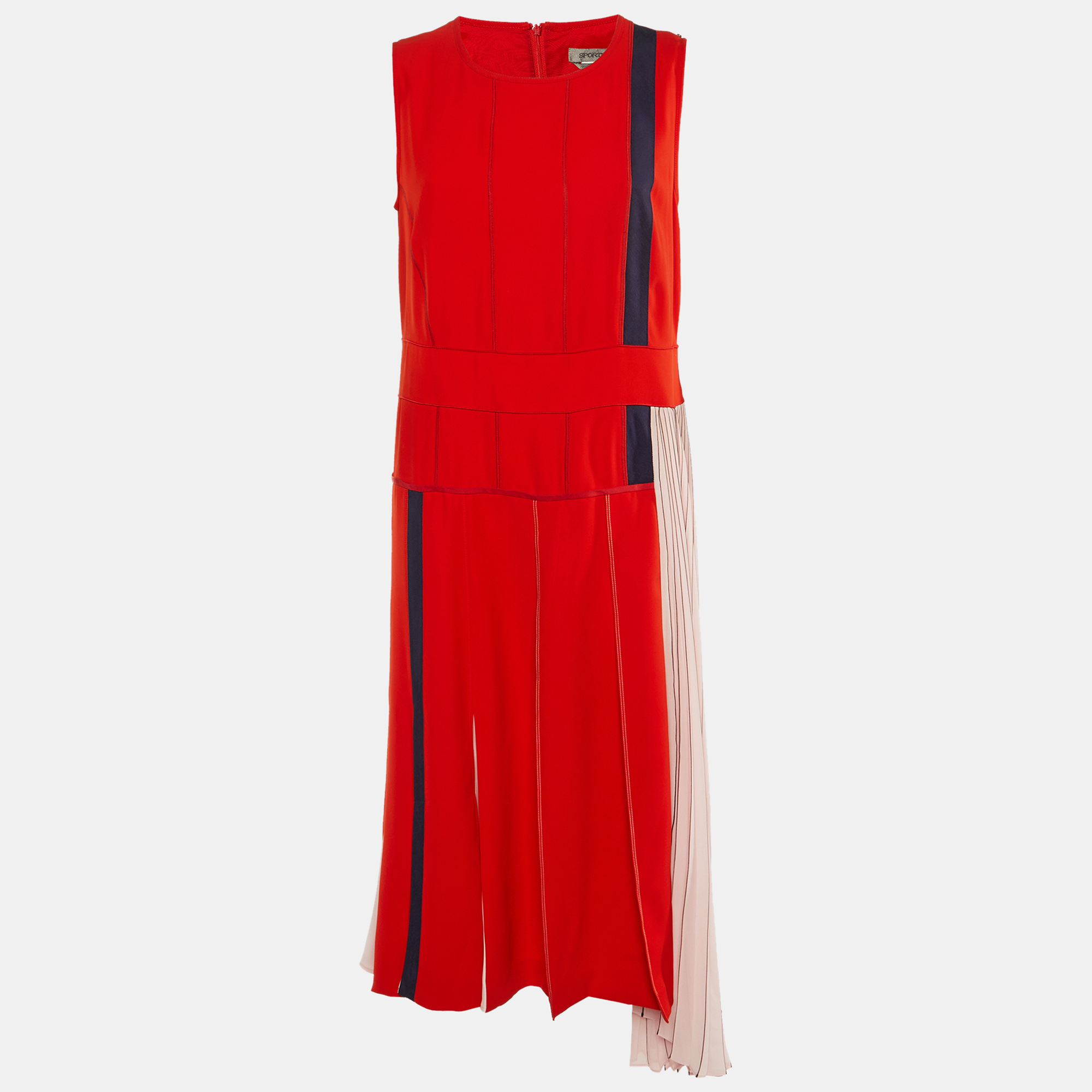 Sportmax Red Colorblock Crepe Pleated Midi Dress L