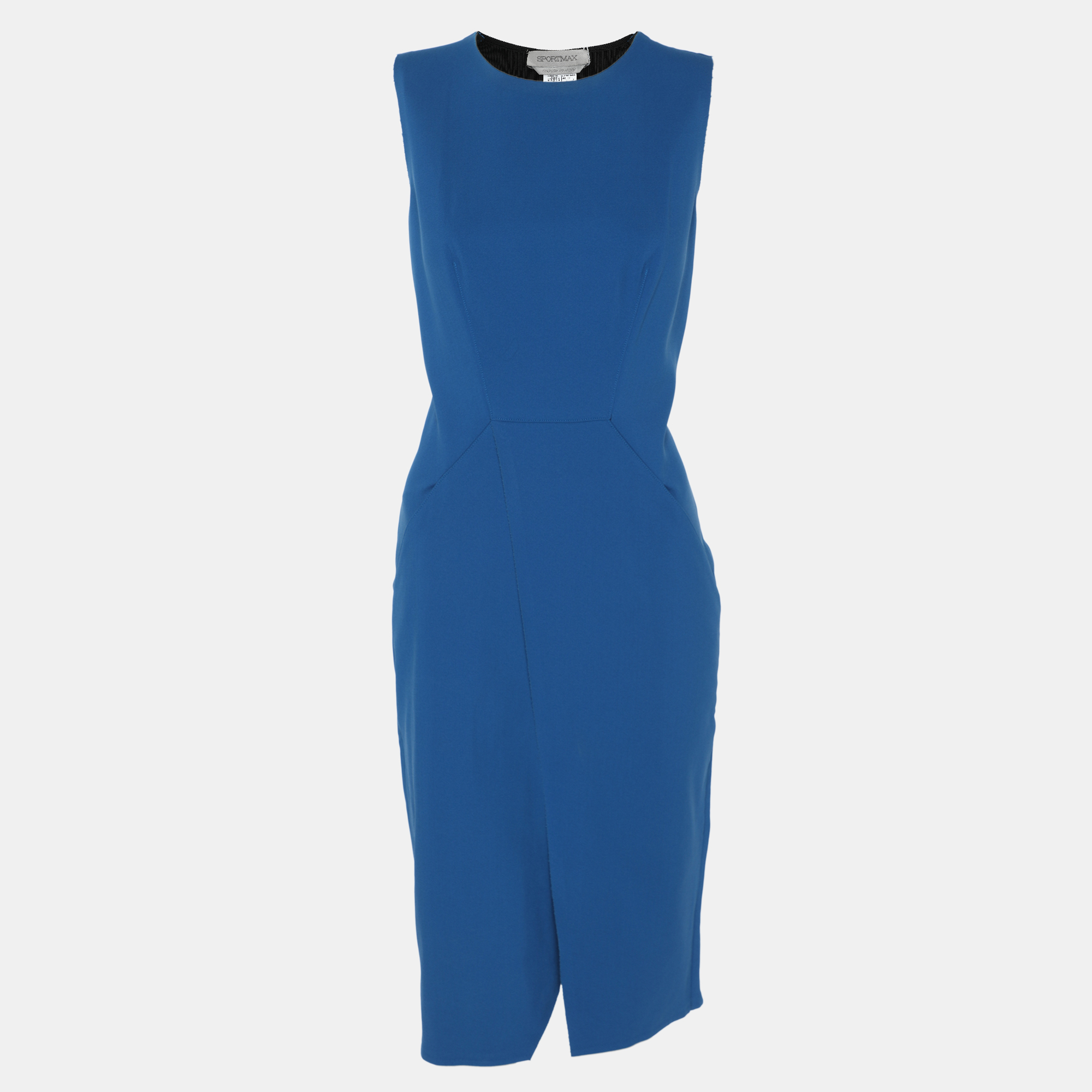 Pre-owned Sportmax Blue/black Stretch Crepe Knit Midi Dress M