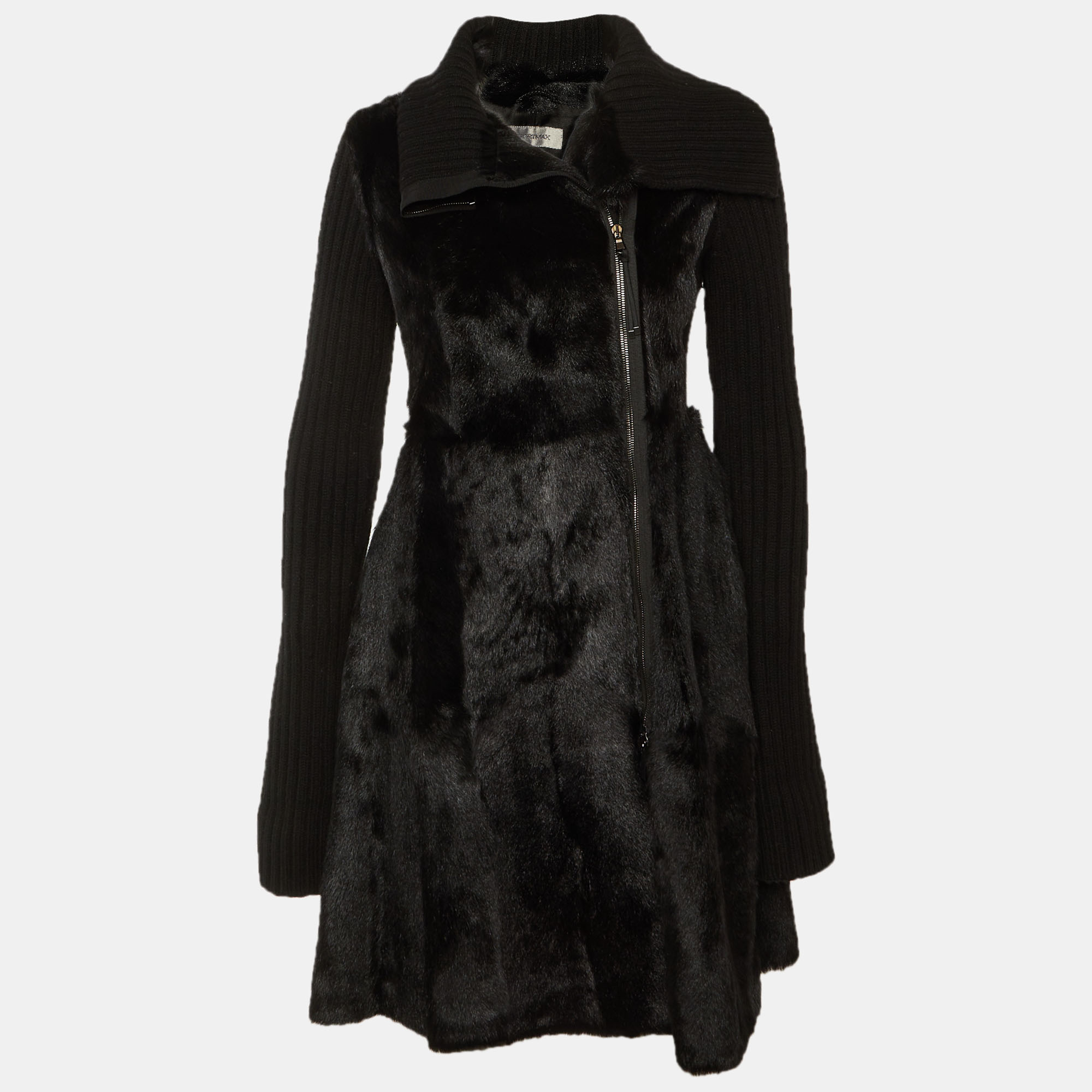 

Sportmax Black Fur Wool Trim Coat S