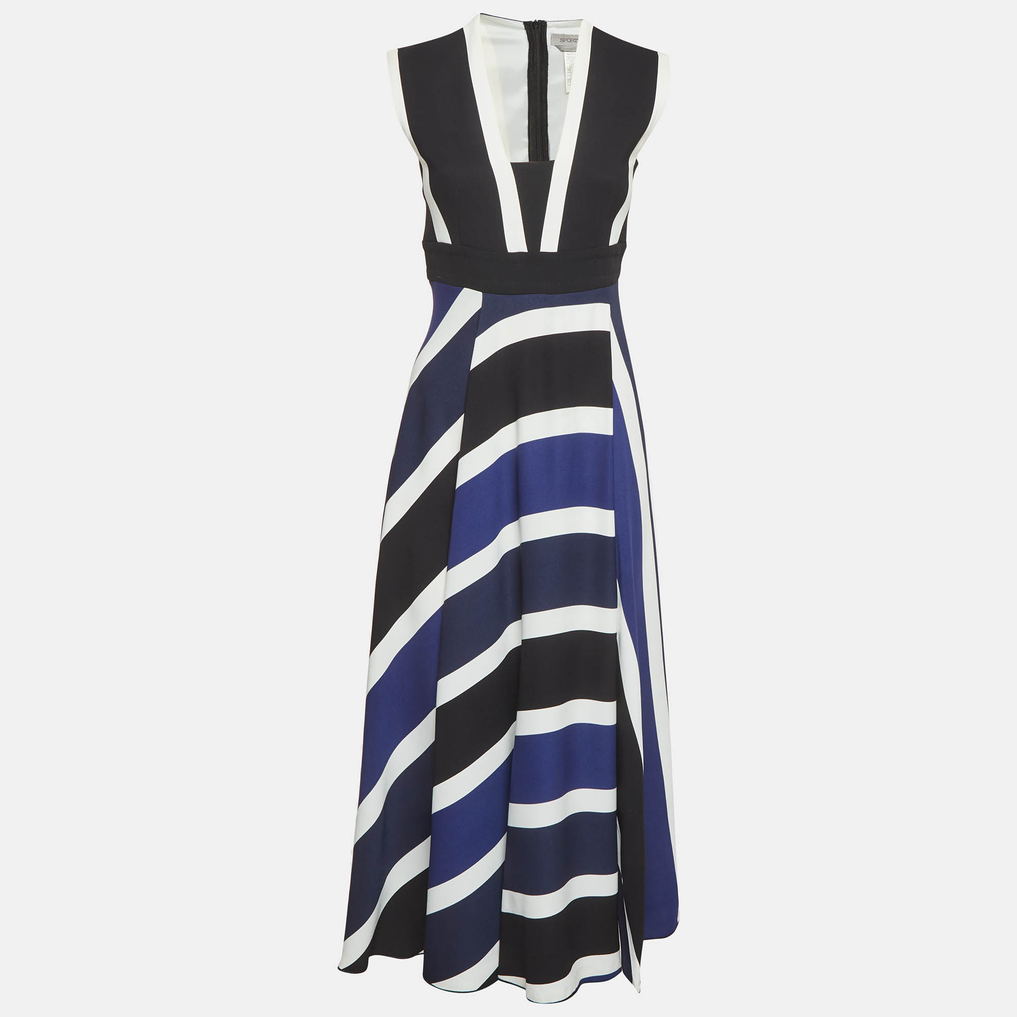 Pre-owned Sportmax Blue/black Striped Crepe Sleeveless Midi Dress S