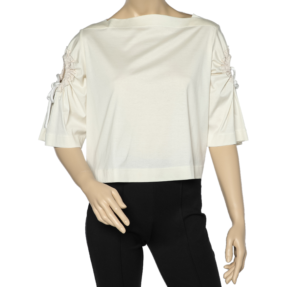 

Sportmax Off White Cotton Knit Sleeve Tie Detail Crop Top S