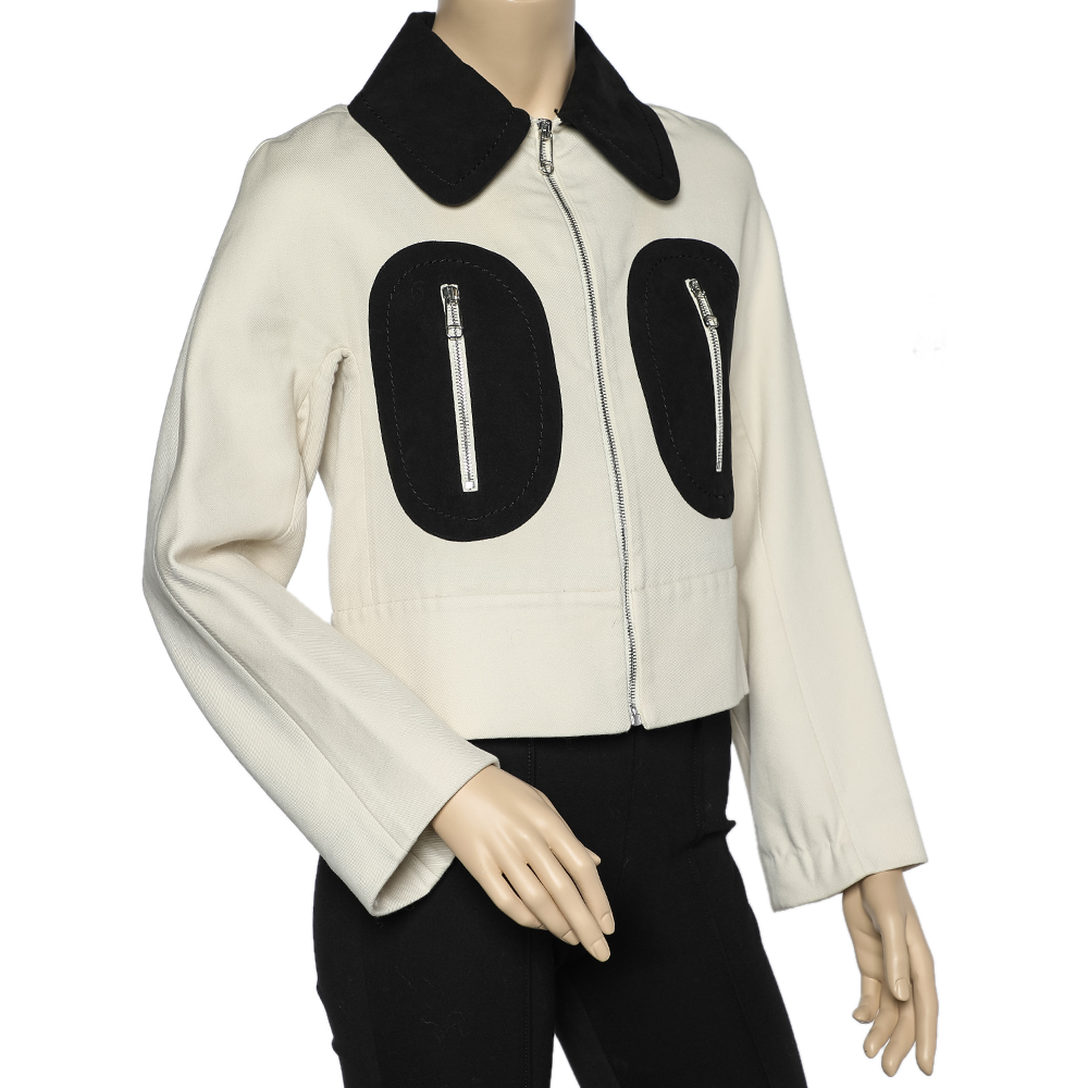 

Sportmax Defile Off White Cotton Twill Contrast Detail Zip Front Jacket