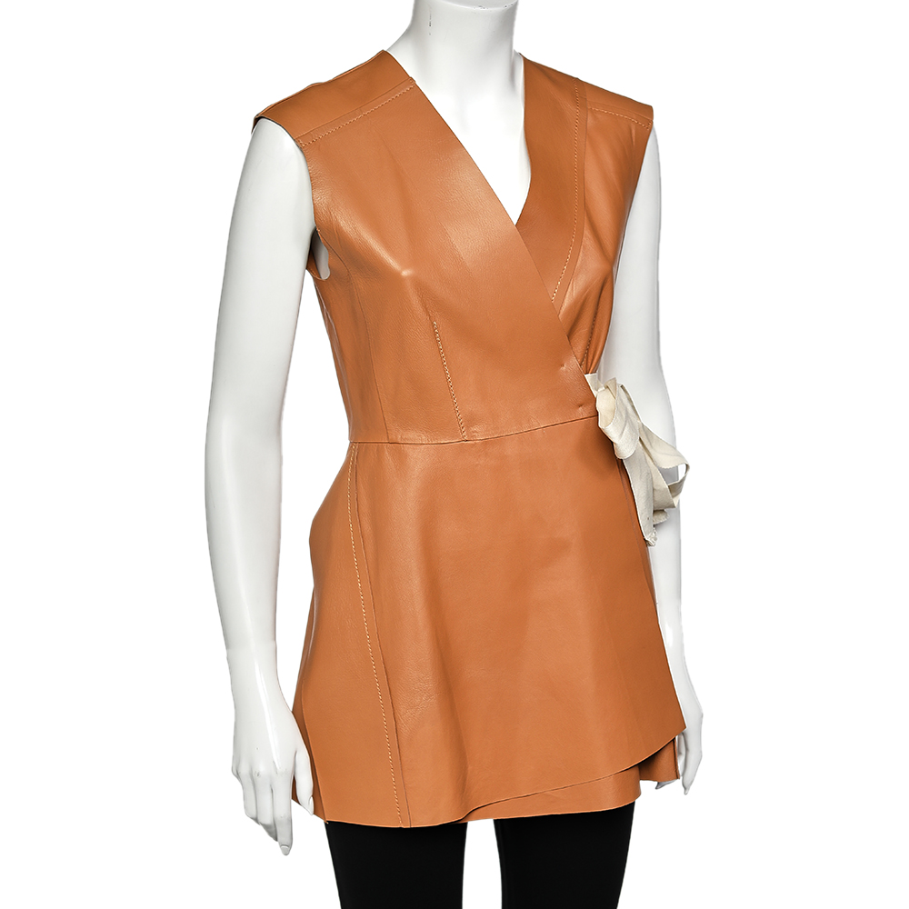 

Sportmax Brown Leather Belted Wrap Sleeveless Jacket