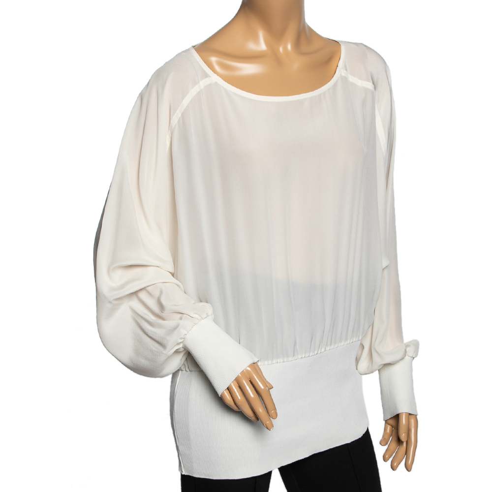 

Sportmax Off White Silk & Rib Knit Boat Neck Top