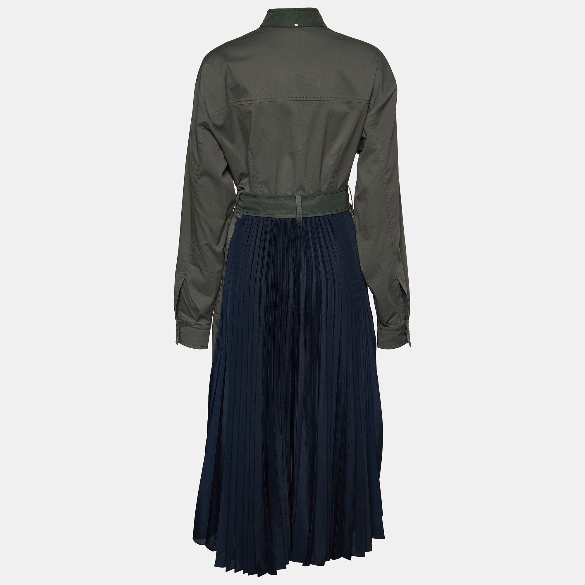 

Sportmax Olive Green Cotton & Plisse Belted Midi Coat Dress