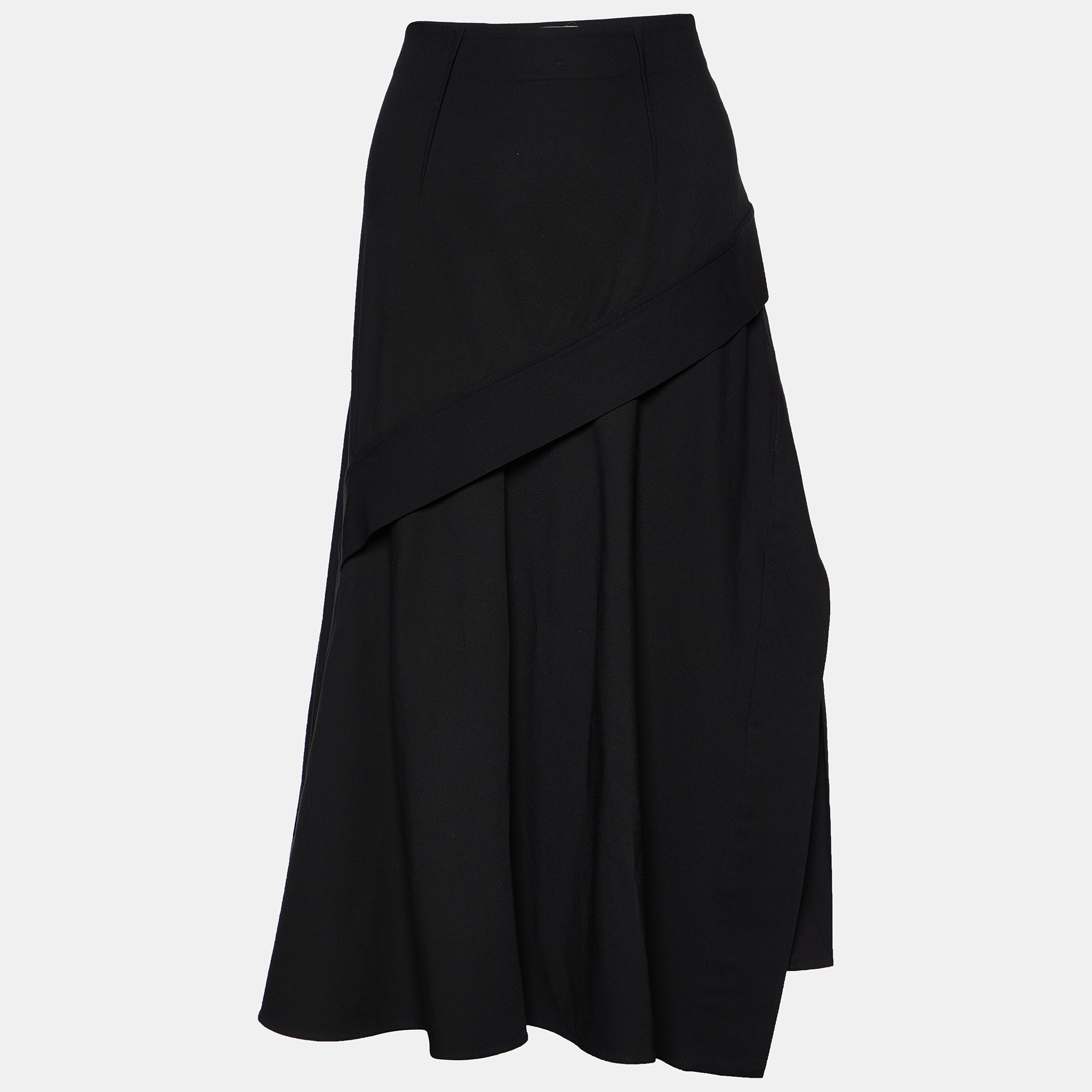 Pre-owned Sportmax Black Wool Crepe Ruffle Detail Midi Skirt M