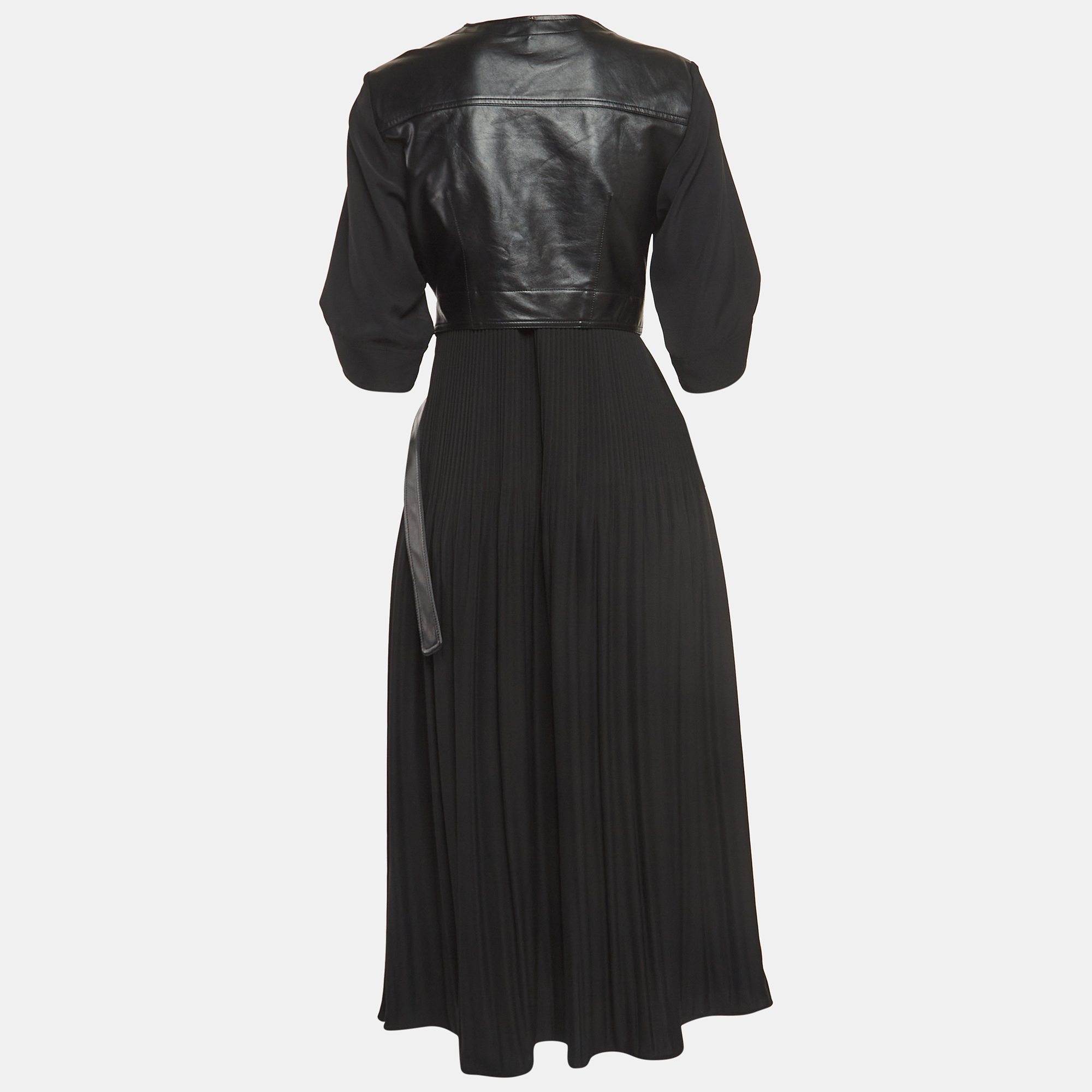 

Sportmax Black Leather Trim Crepe Pleated Midi Dress