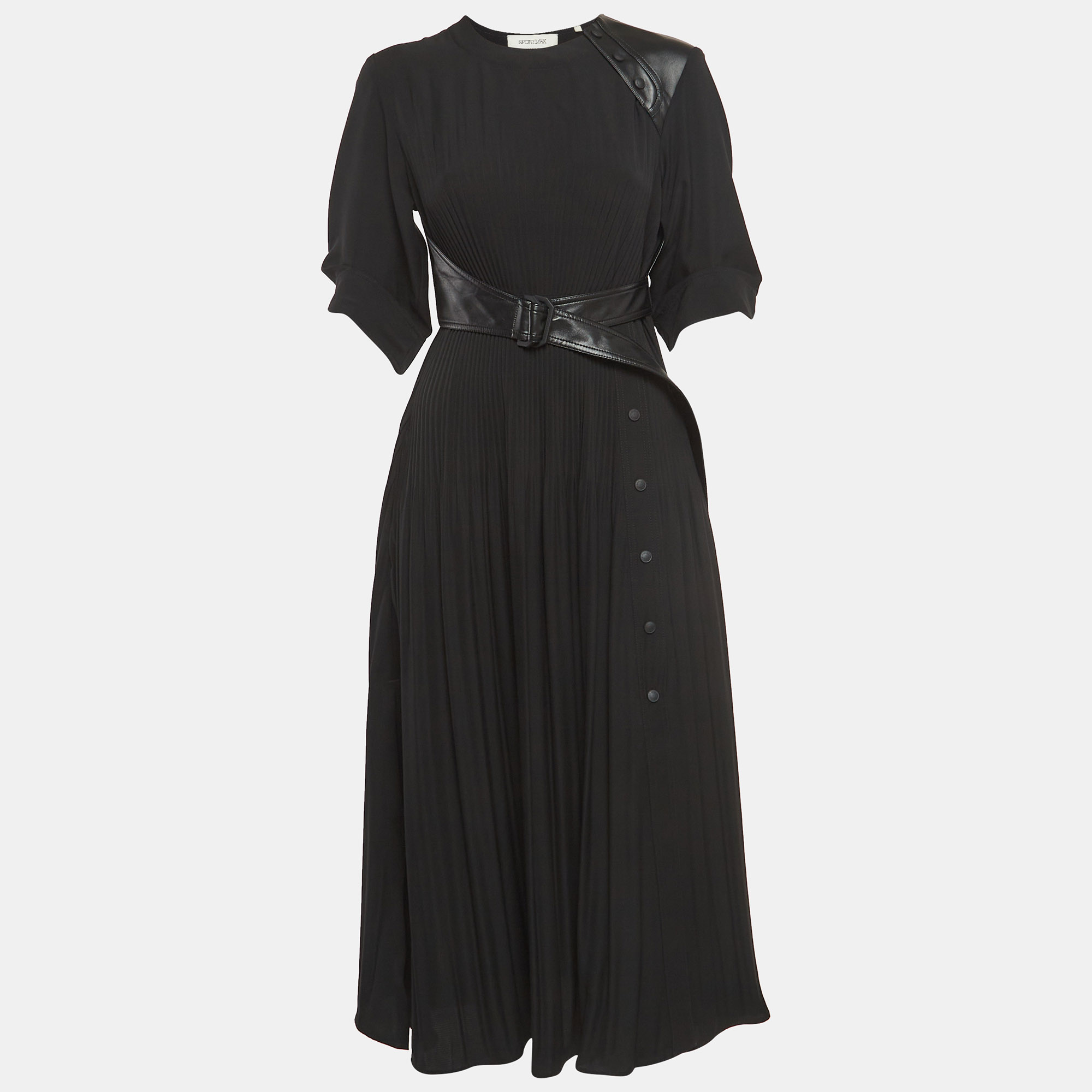 Pre Owned Sportmax Black Leather Trim Crepe Pleated Midi Dress S