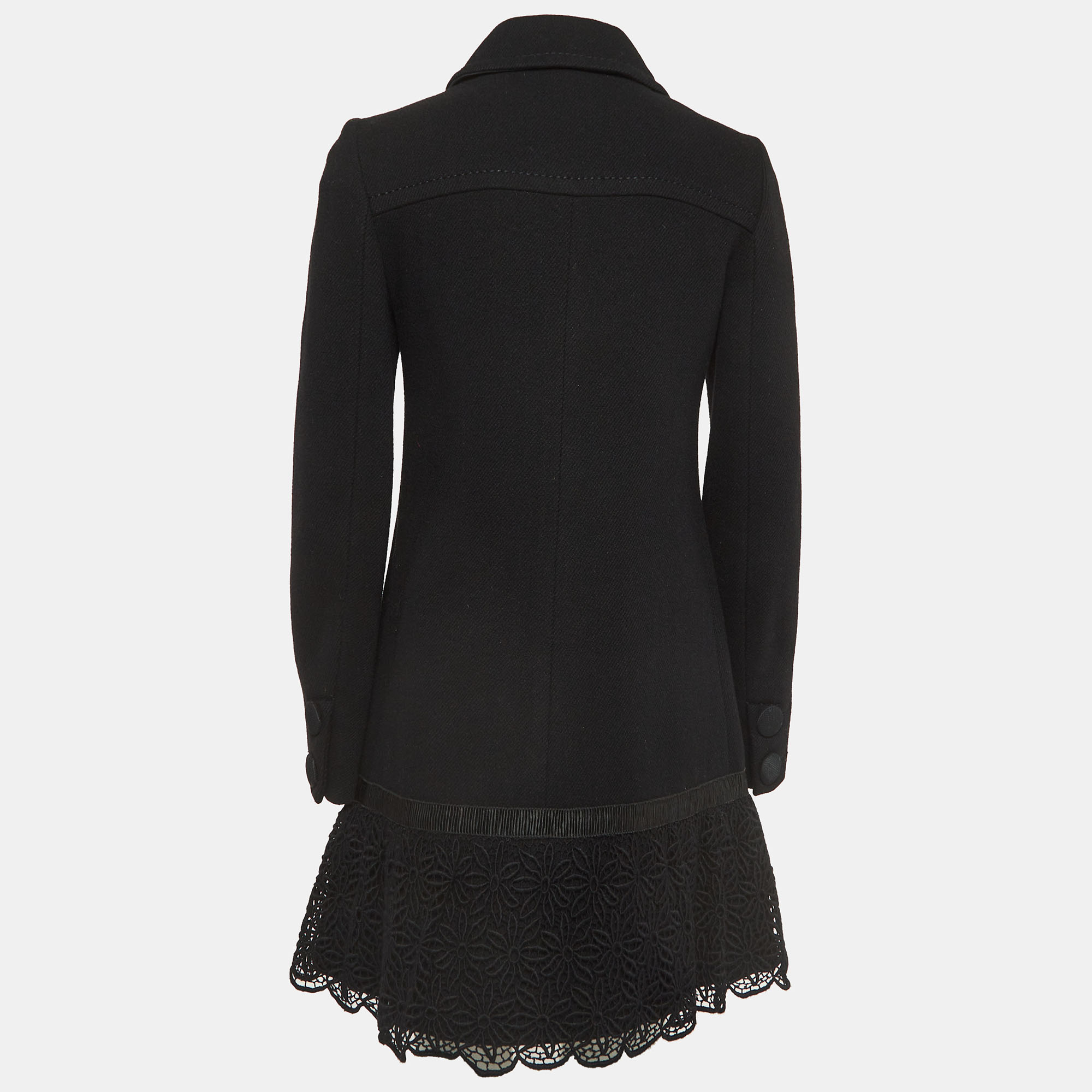 

Sportmax Code Black Lace Trim Wool Twill Double Breasted Mid-Length Coat