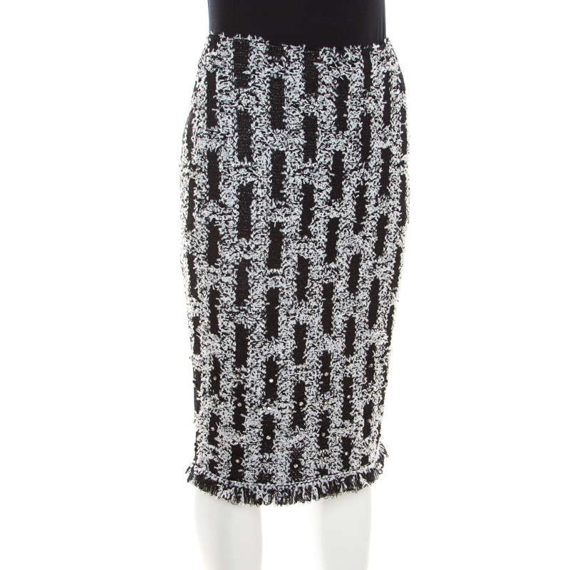 

St. John Couture Monochrome Textured Lurex Knit Crystal Embellished Pencil Skirt, Black