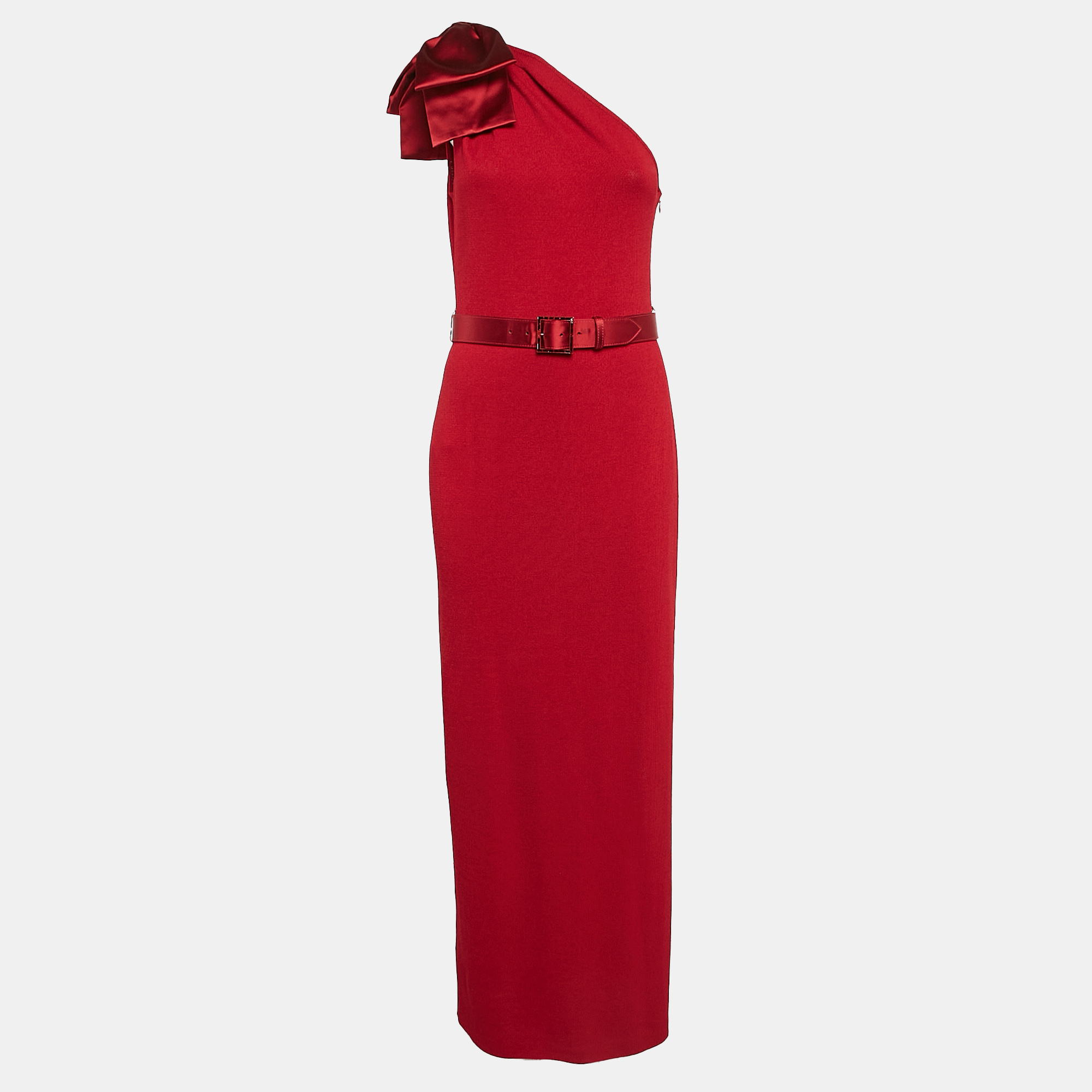 

St. John Red Rib Knit Bow One Shoulder Belted Maxi Dress M