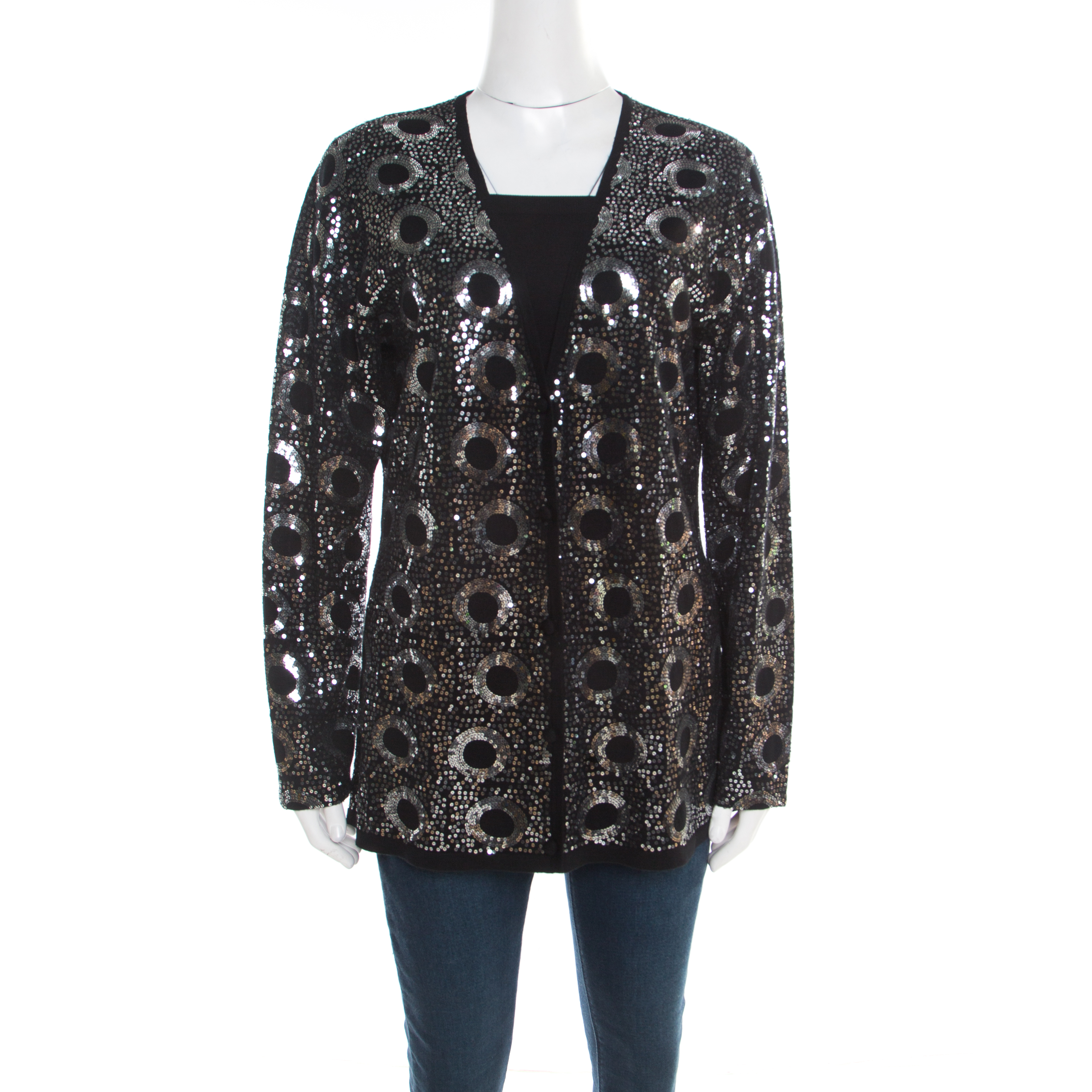 St. John Black Silk and Cashmere Knit Sequin Embellished Cardigan L St ...