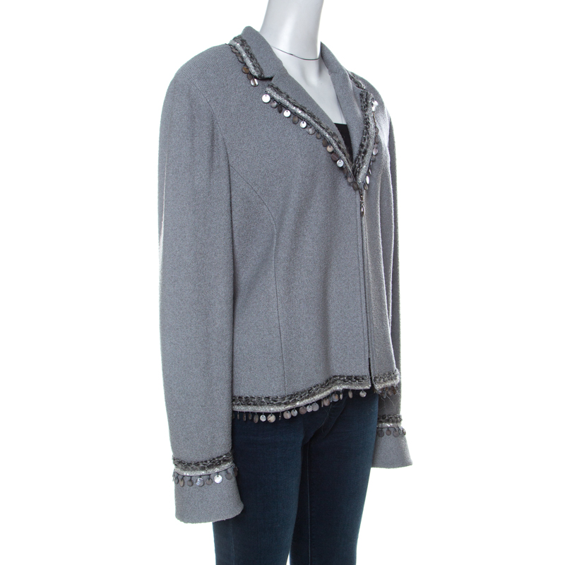 

St. John Couture Grey Knit Embellished Boucle Trim Tailored Jacket
