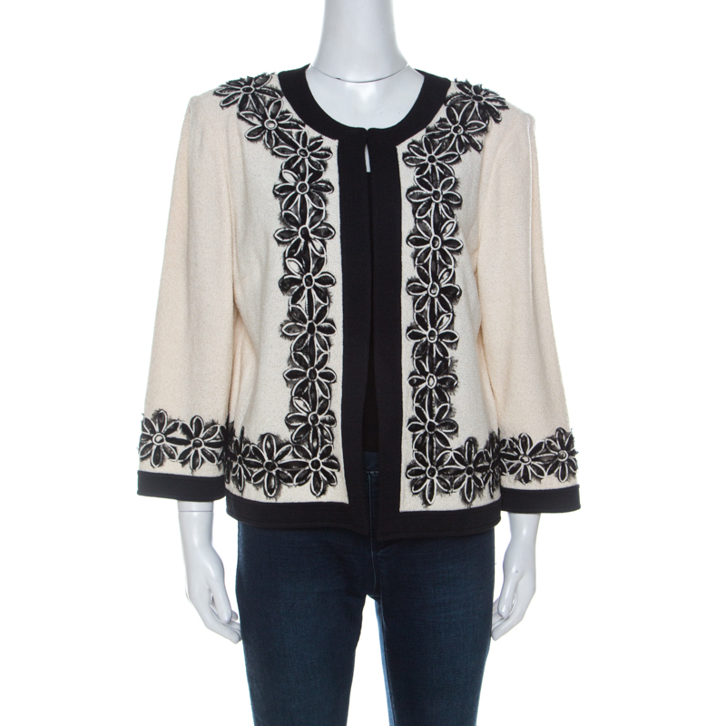 Pre Owned St. John Cream and Black Floral Applique Knit Jacket XL