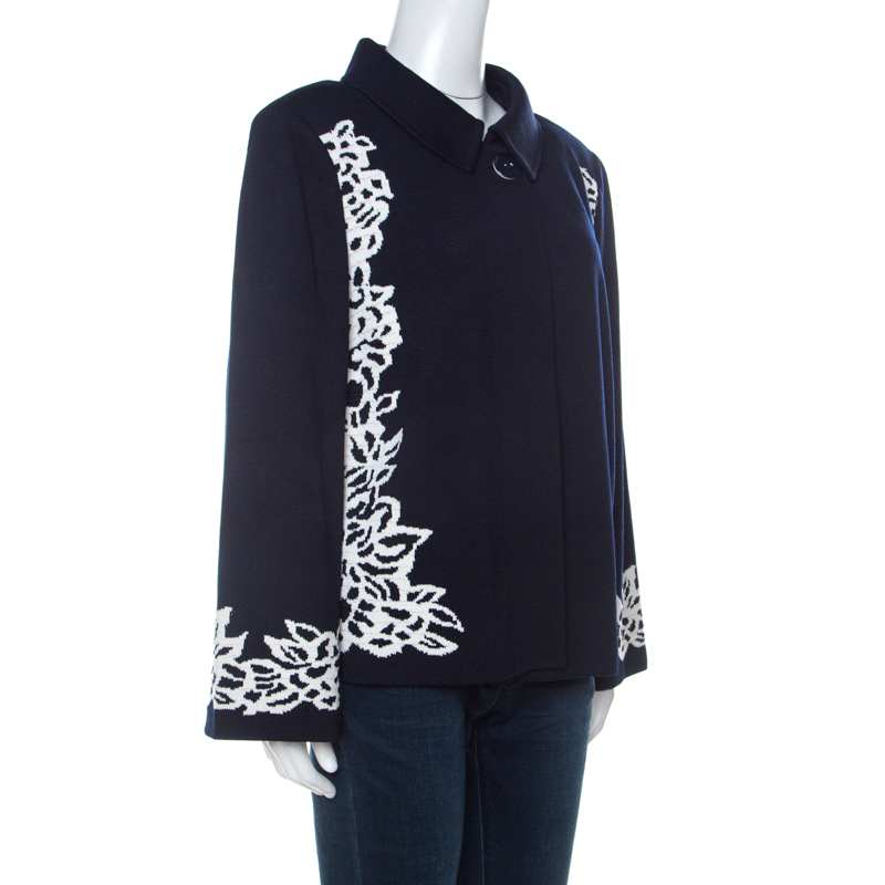 

St. John Navy Blue Floral Patterned Knit Flared Sleeve Jacket