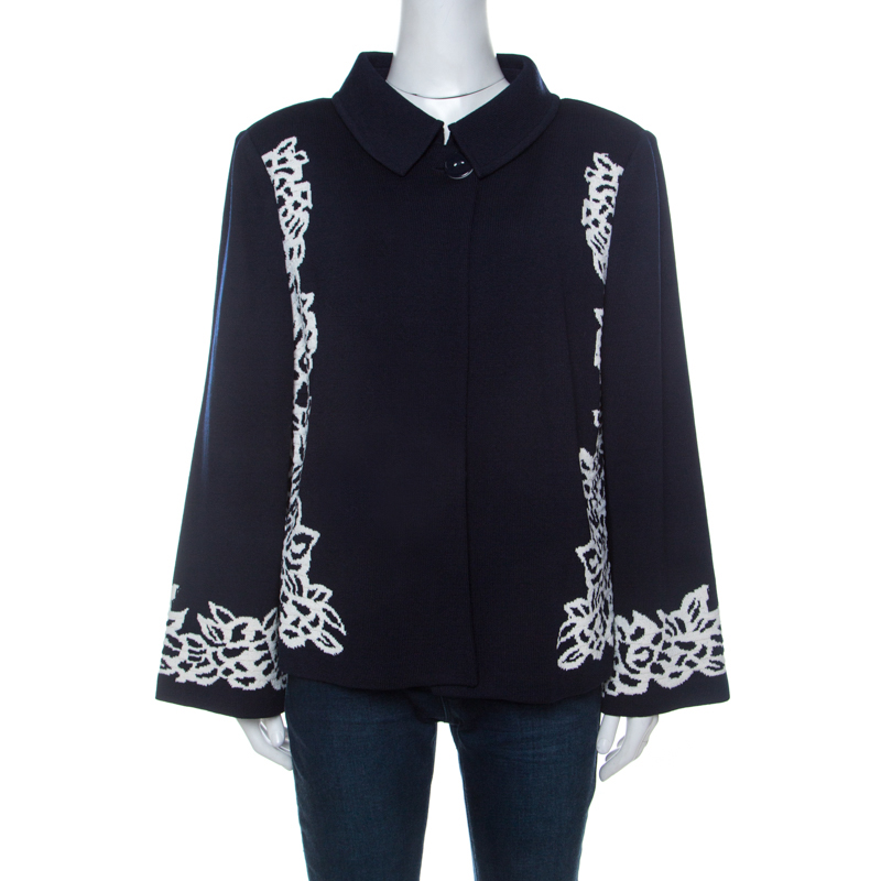 St. John Navy Blue Floral Patterned Knit Flared Sleeve Jacket XL 