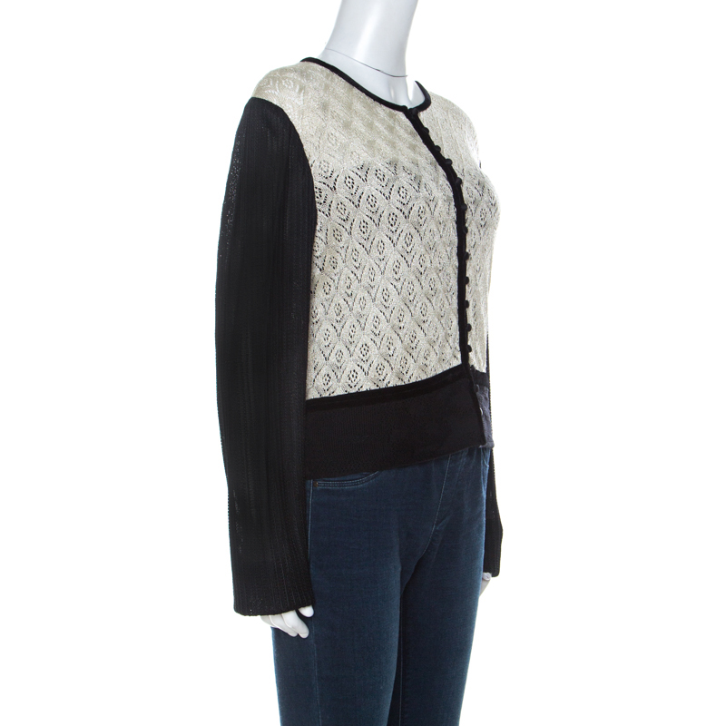 

St. John Cream Lurex Crochet Knit Contrast Trim Button Front Cardigan