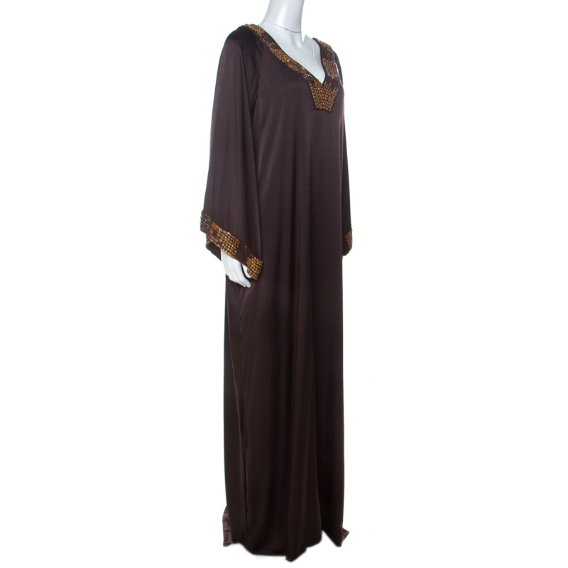 

St. John Brown Stretch Silk Beaded Trim Kaftan Dress