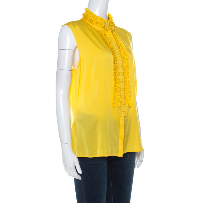 

St. John Couture Canary Yellow Silk Ruffle Detail Button Front Blouse