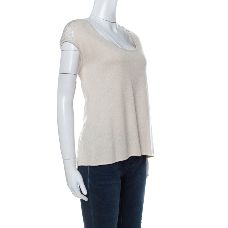 Pre-owned St. John Beige Knit Embellished Crochet Back Detail