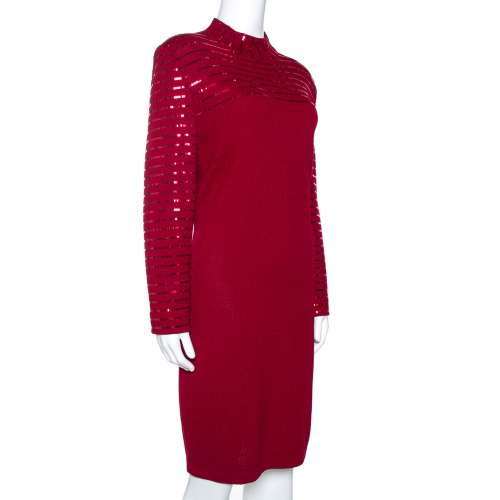 

St. John Evening Maroon Knit Embellished Mock Neck Dress, Red