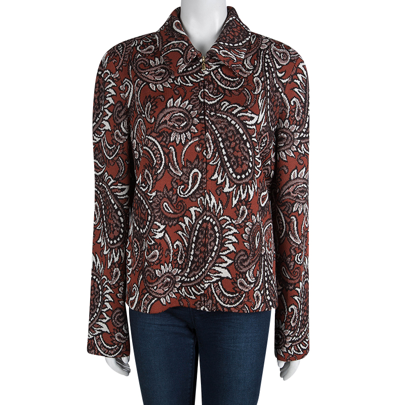 

St. John Burnt Orange Knit Paisley Jacquard Zip Front Jacket