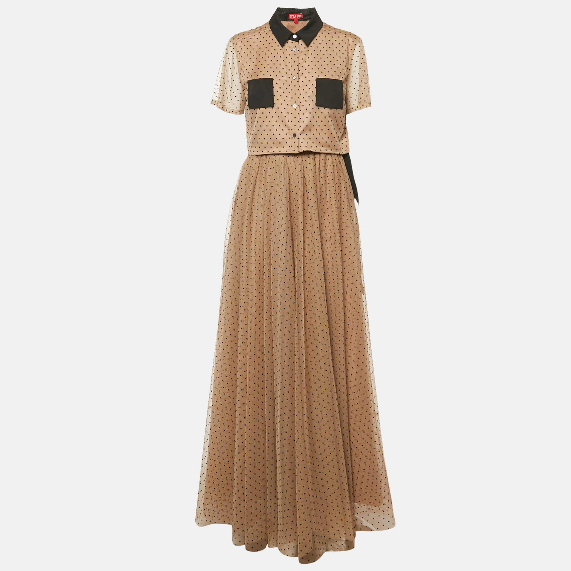 Staud Dark Beige Dot Printed Mesh Shirt & Skirt L