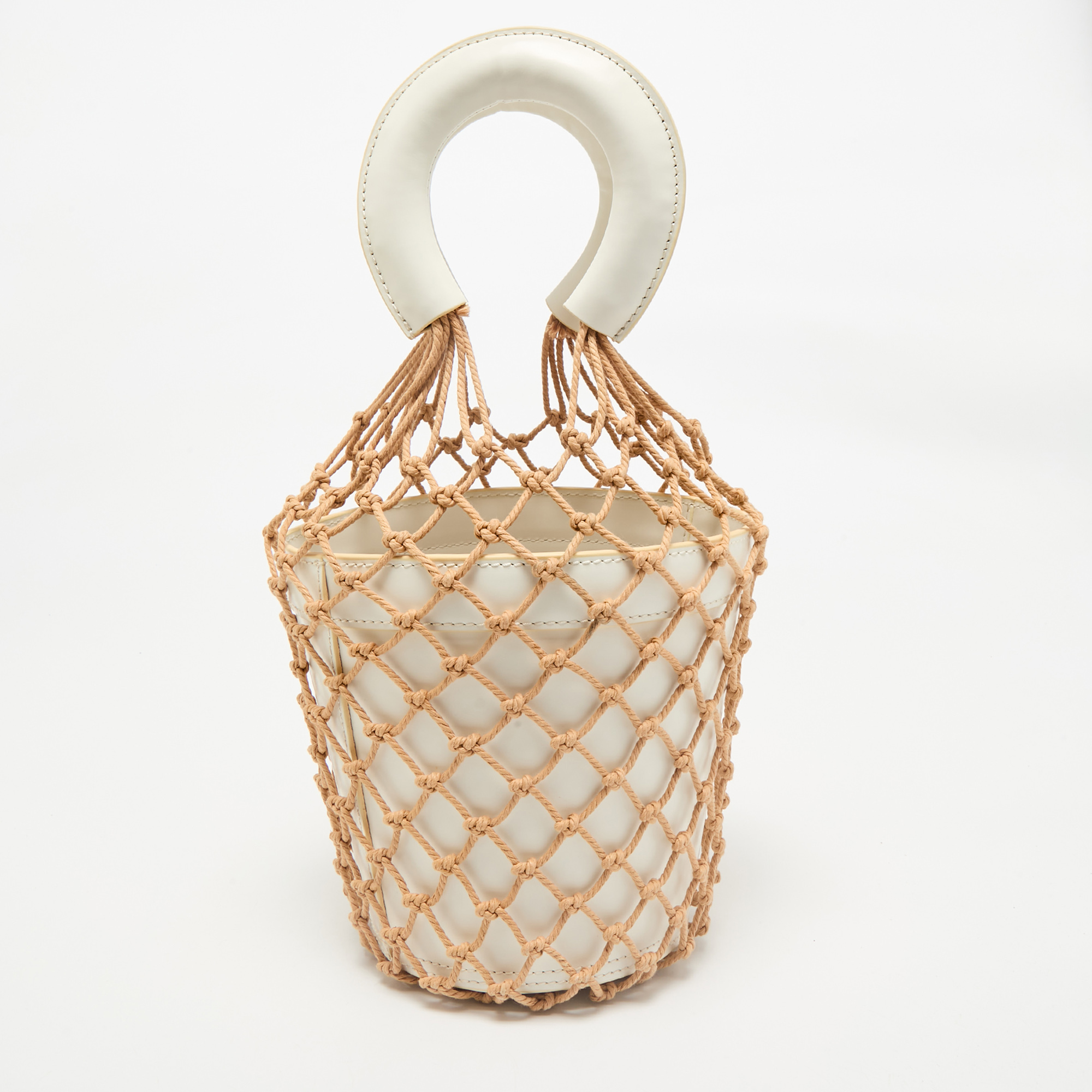 

Staud White/Brown Woven and Leather Moreau Bucket Bag