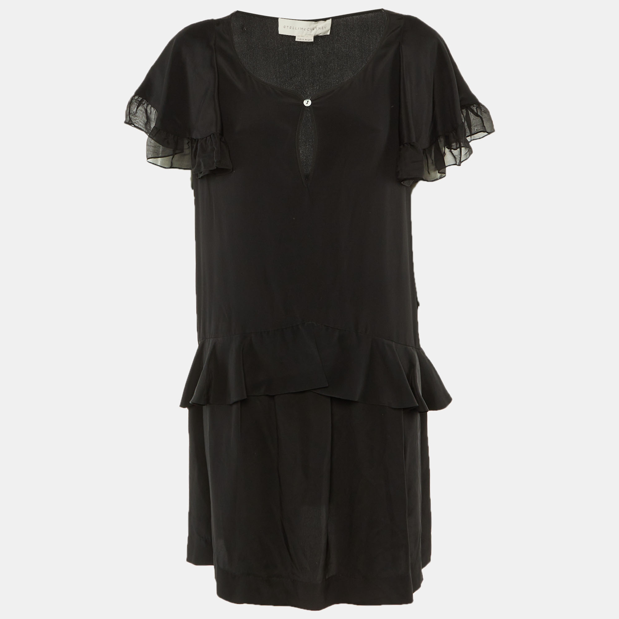 Pre-owned Stella Mccartney Black Silk Frill Detail Mini Dress L