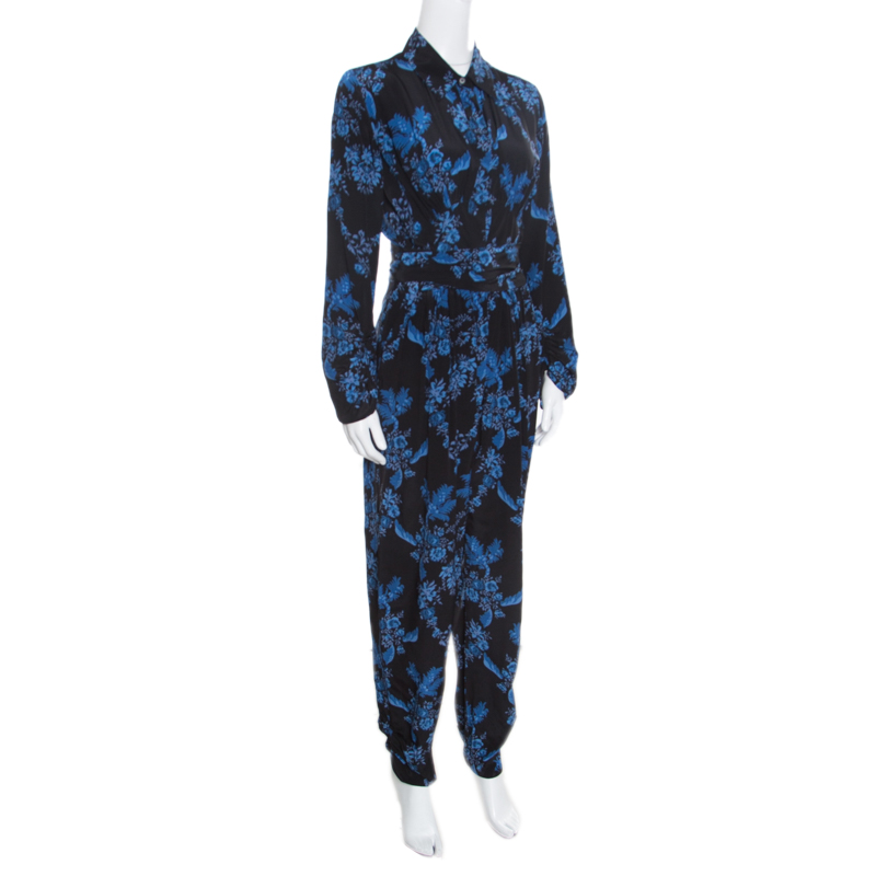 

Stella McCartney Black and Blue Floral Printed Silk Belted Natalia Jumpsuit