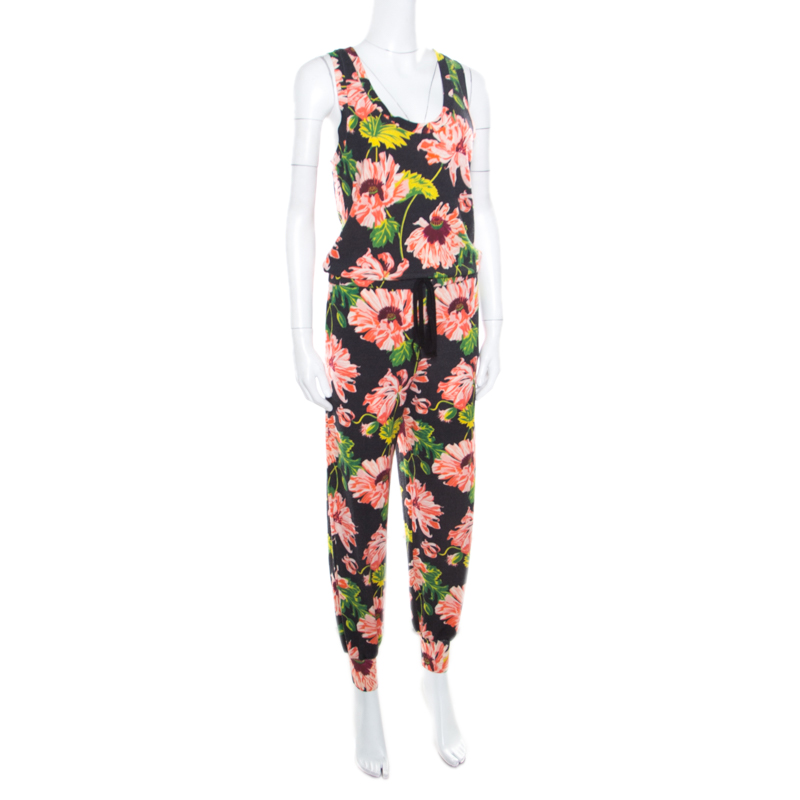 

Stella McCartney Black Floral Intarsia Knit Waist Tie Detail Jumpsuit
