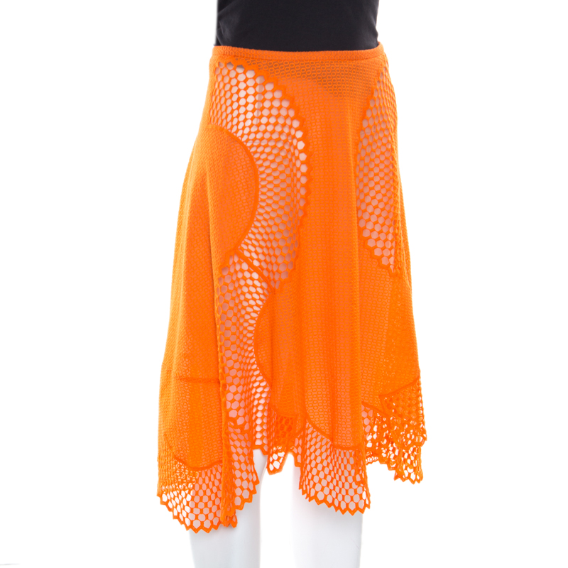 

Stella McCartney Orange Cotton and Mesh Lace Scalloped A Line Skirt