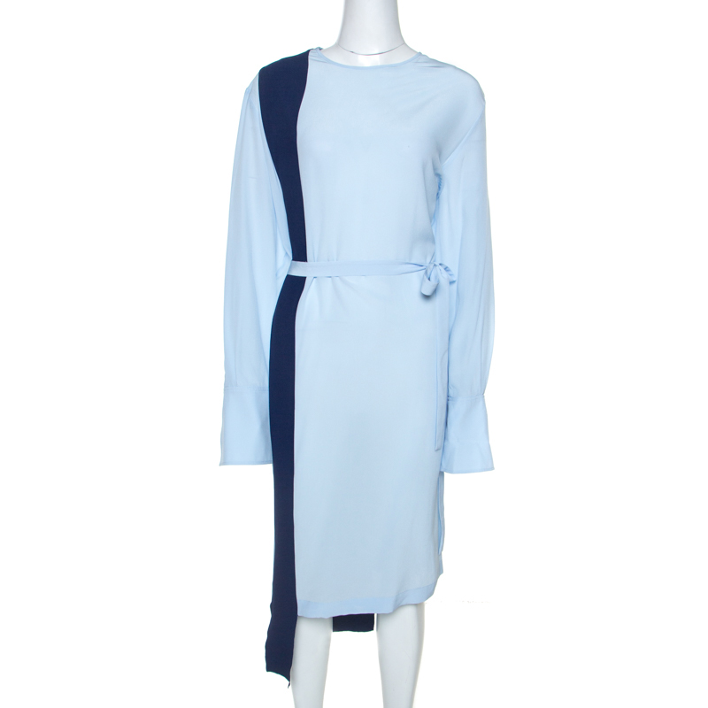 Pre Owned Stella McCartney Blue Colourblock Silk Belted Dress M
