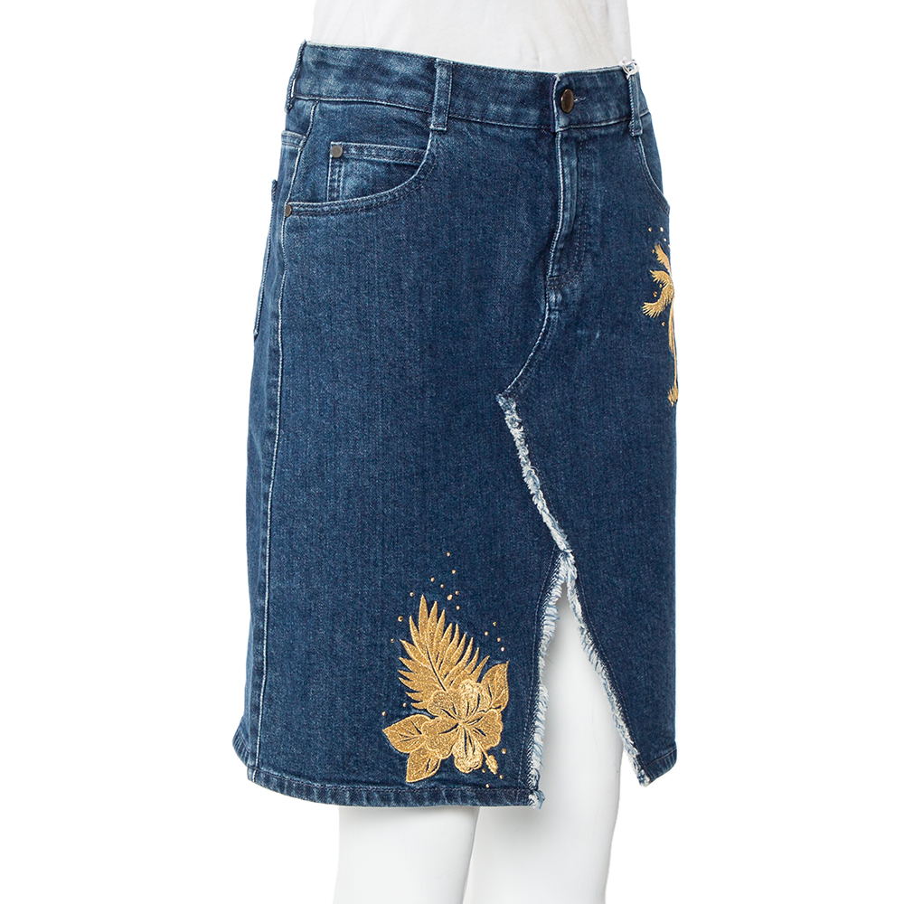 

Stella Mcartney Navy Blue Embroidered Denim Frayed Slit Detail Mini Skirt