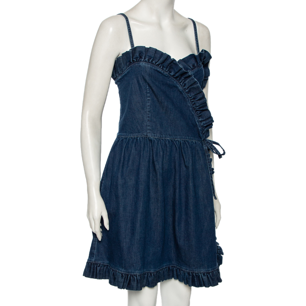 

Stella McCartney Navy Blue Denim Ruffled Sleeveless Mini Wrap Dress
